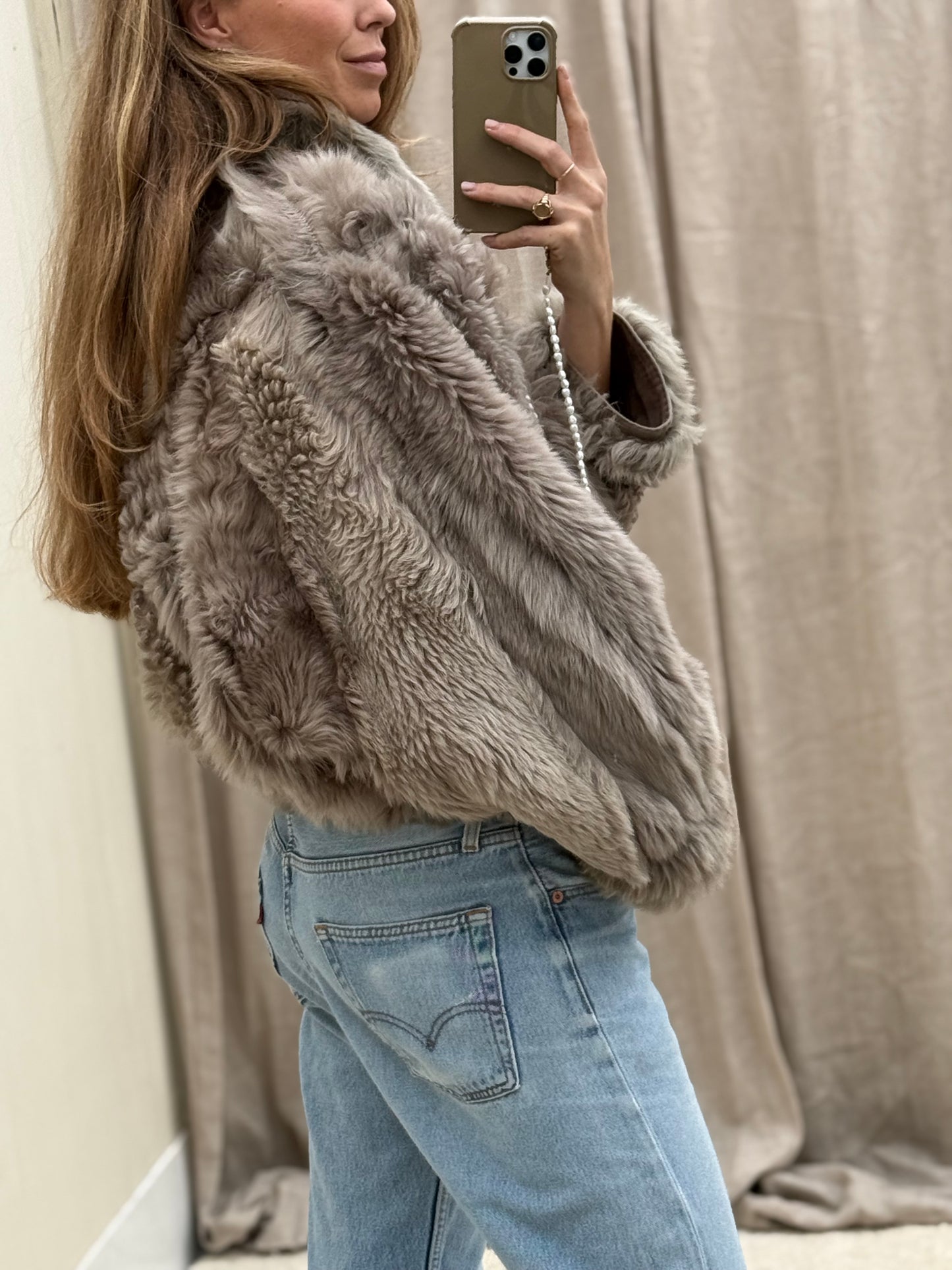 Vintage cropped lammy coat grijs reversible maat S-L