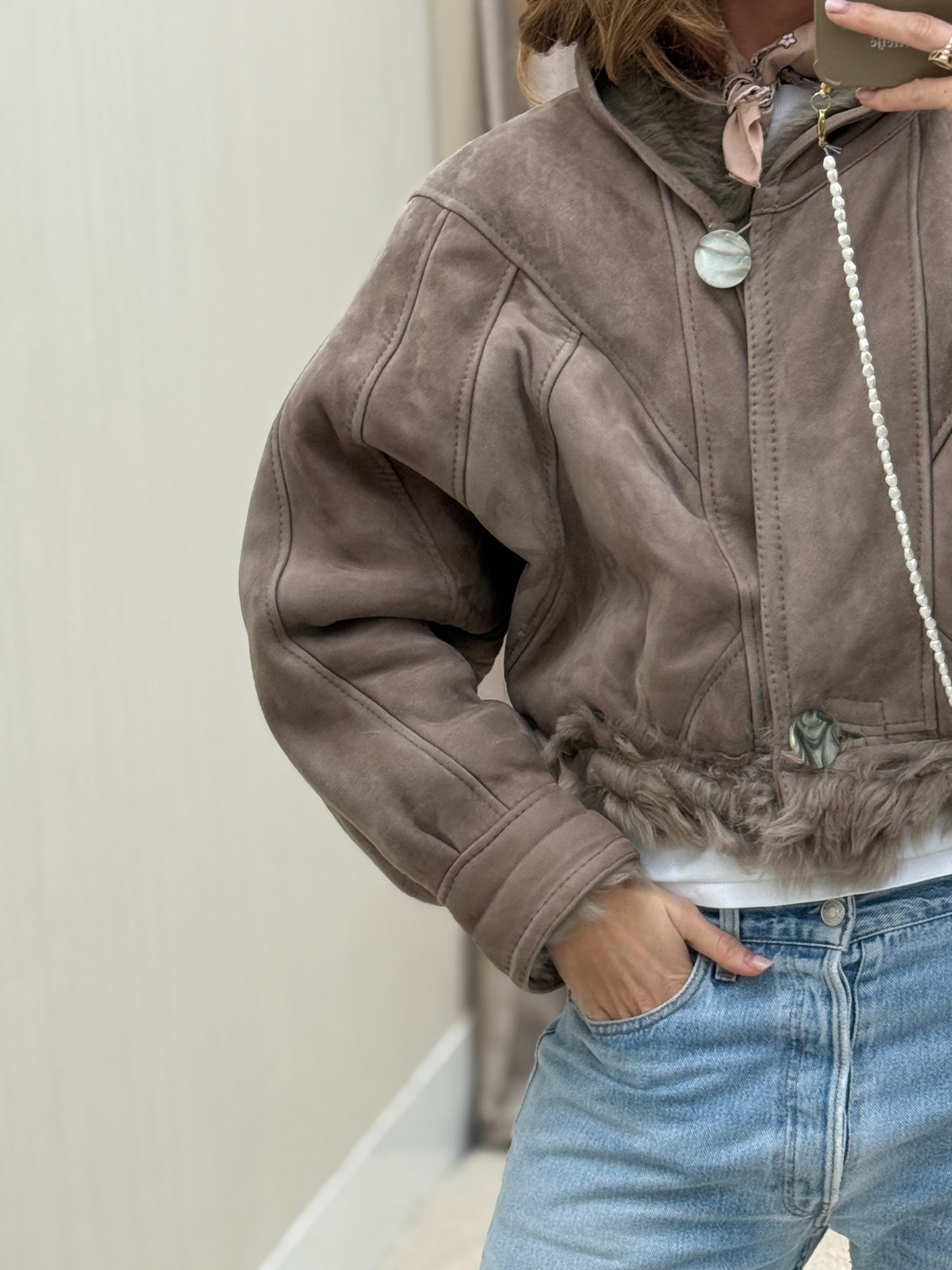 Vintage cropped lammy coat grijs reversible maat S-L