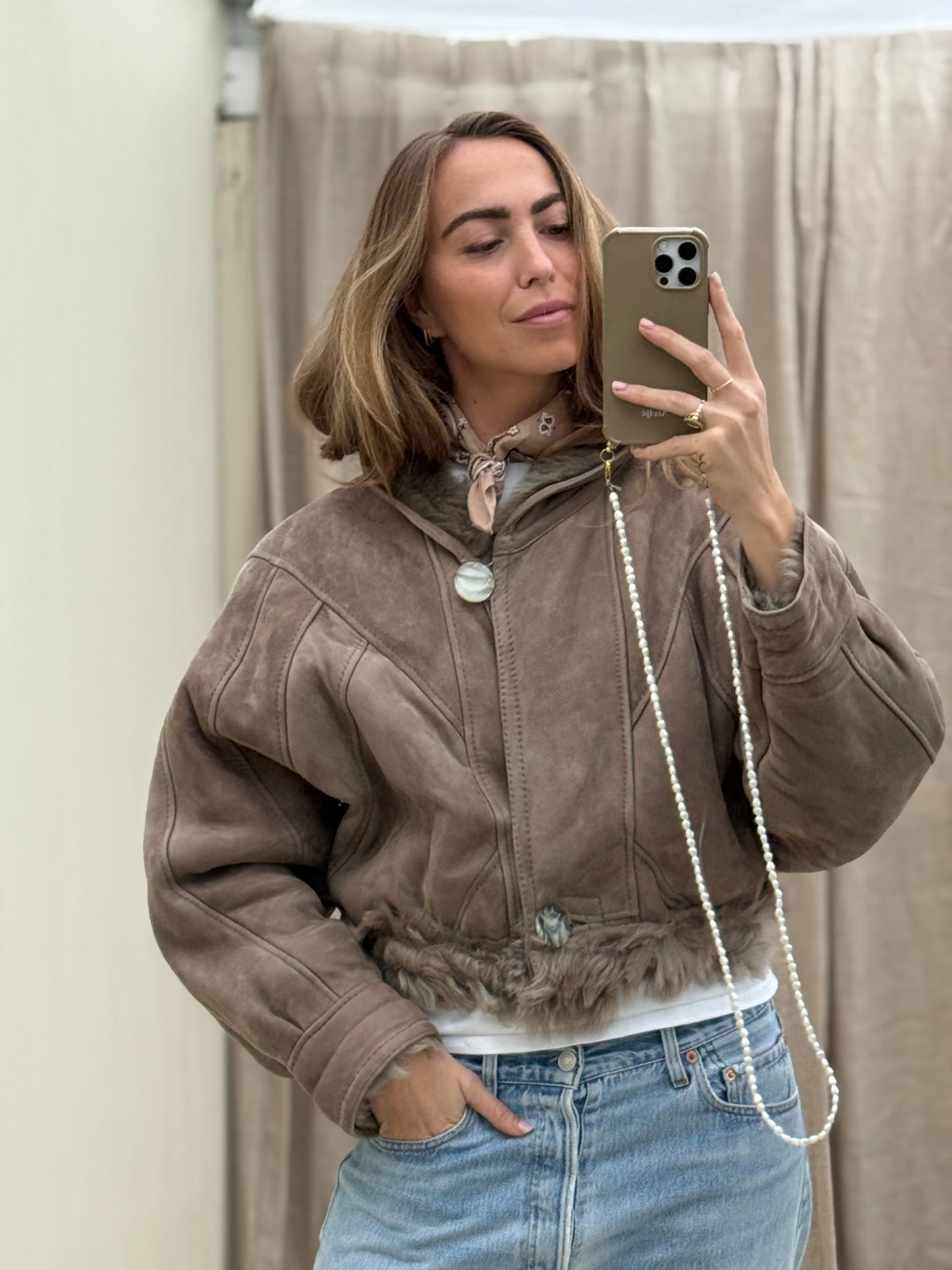 Vintage cropped lammy coat grijs reversible maat S-L