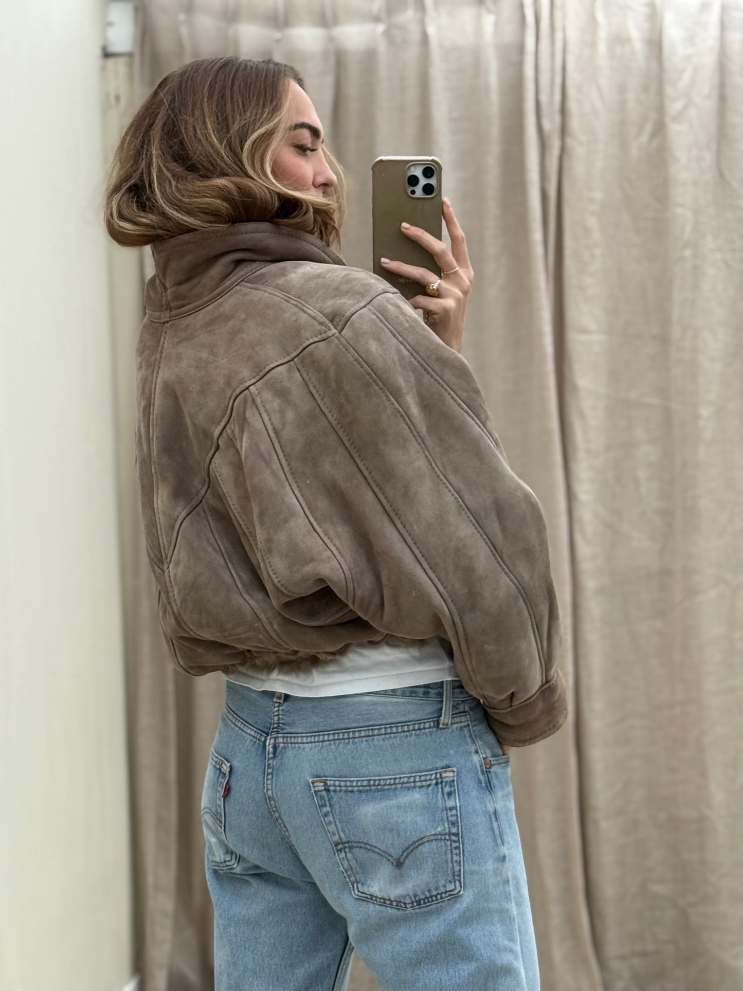 Vintage cropped lammy coat grijs reversible maat S-L