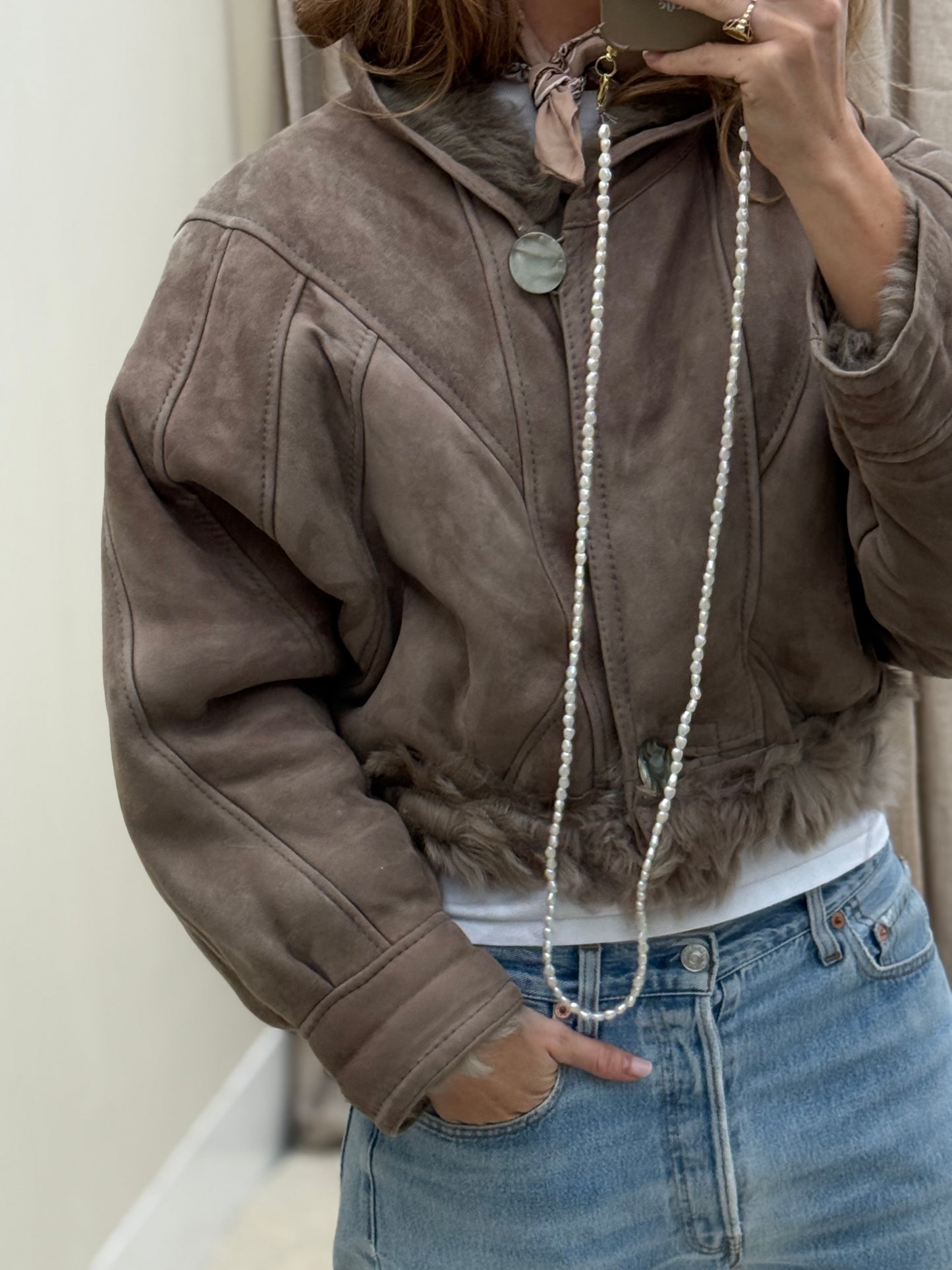 Vintage cropped lammy coat grijs reversible maat S-L