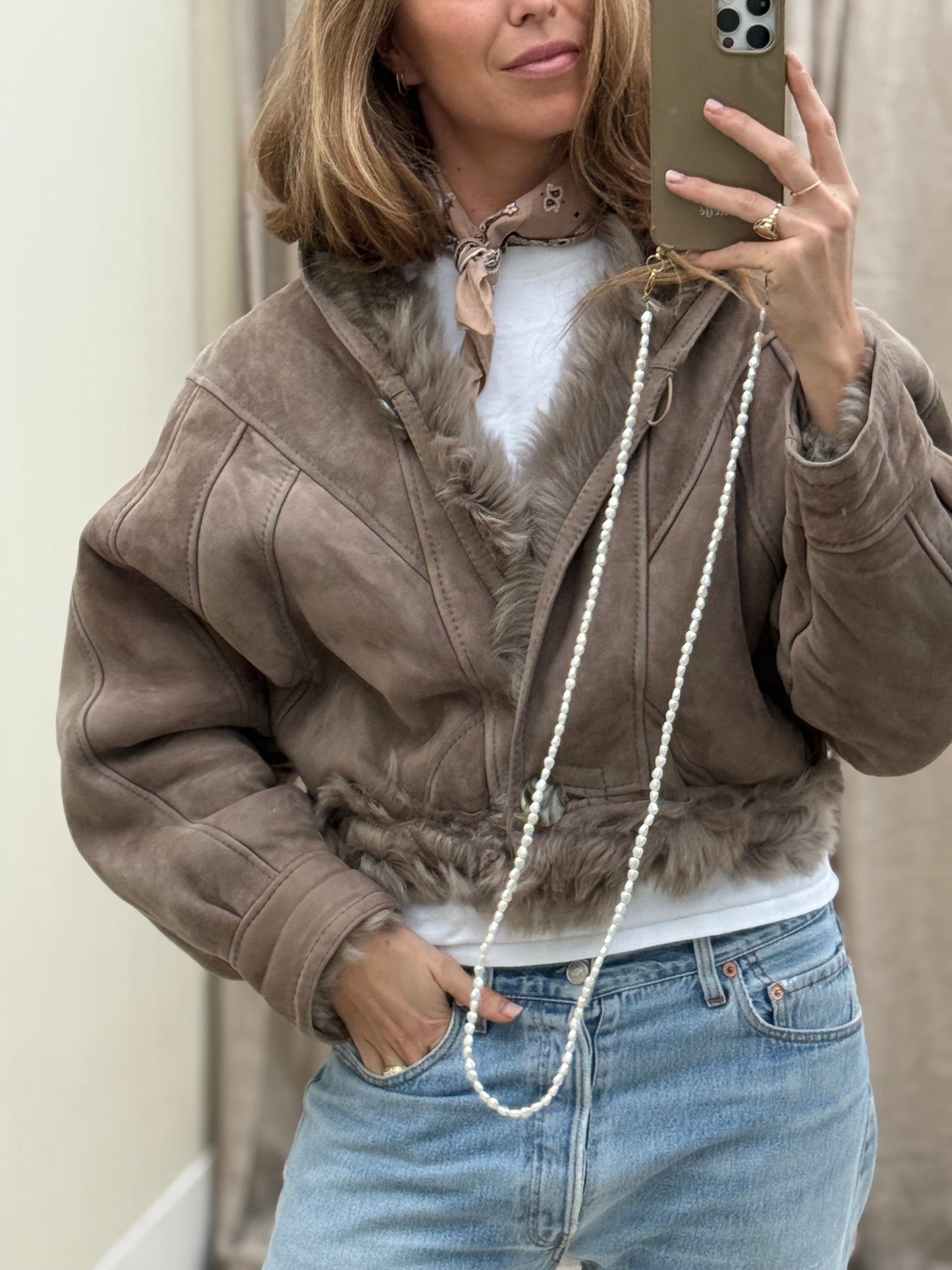 Vintage cropped lammy coat grijs reversible maat S-L