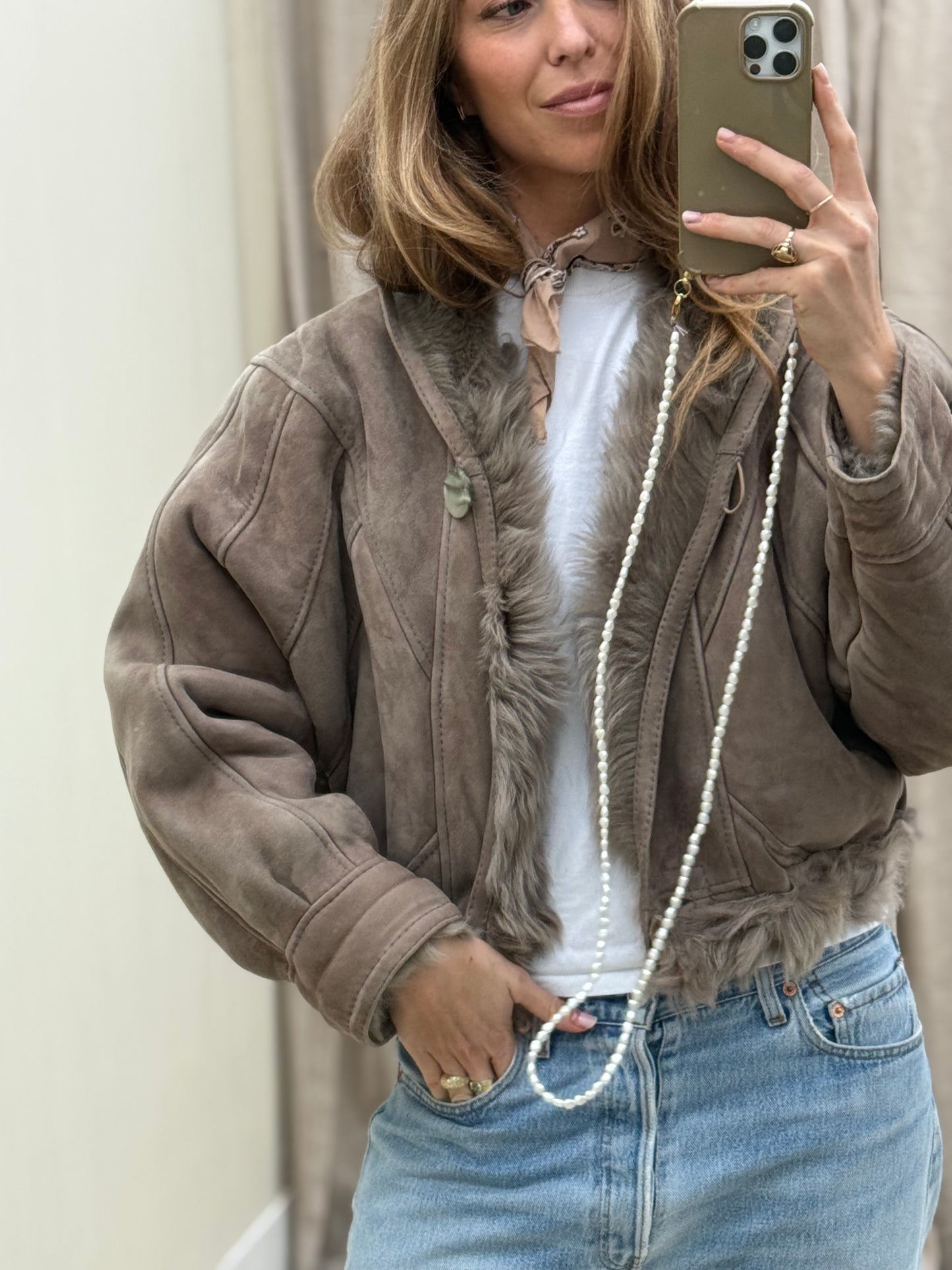 Vintage cropped lammy coat grijs reversible maat S-L