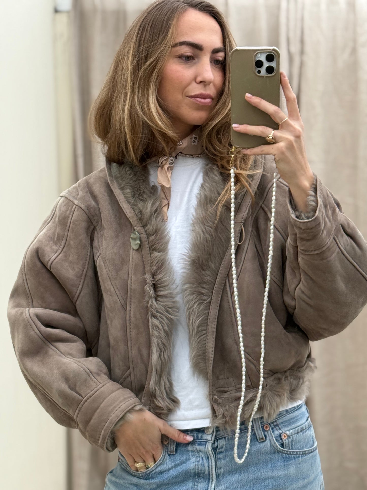 Vintage cropped lammy coat grijs reversible maat S-L