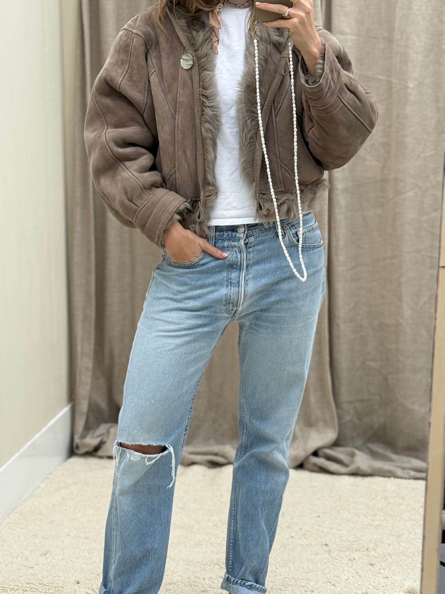 Vintage cropped lammy coat grijs reversible maat S-L