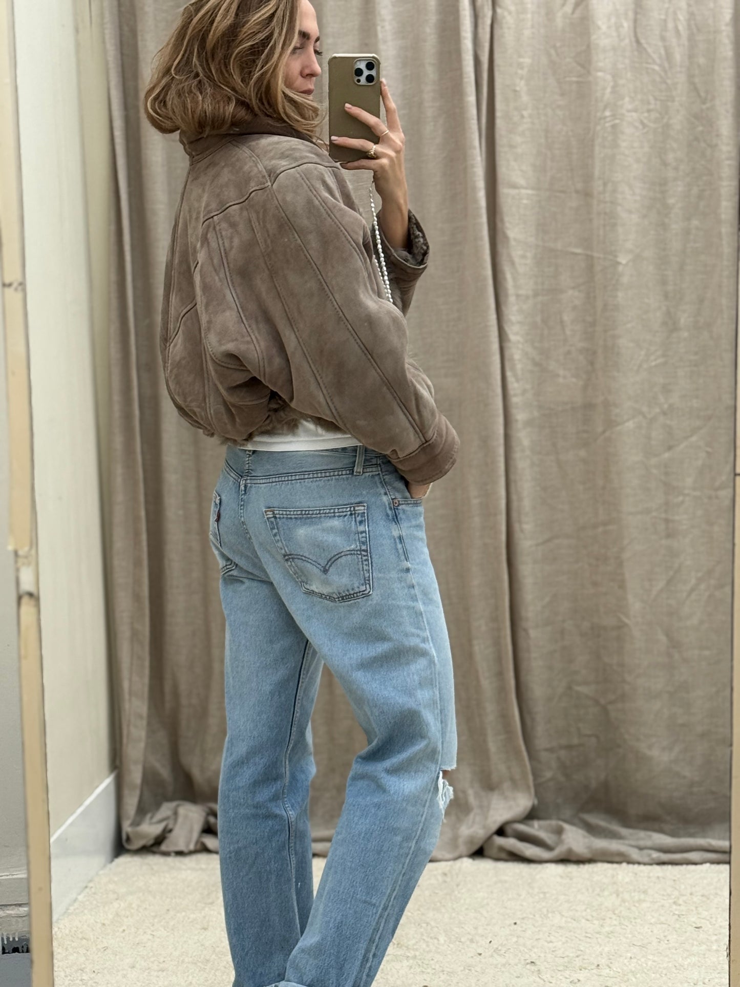 Vintage cropped lammy coat grijs reversible maat S-L