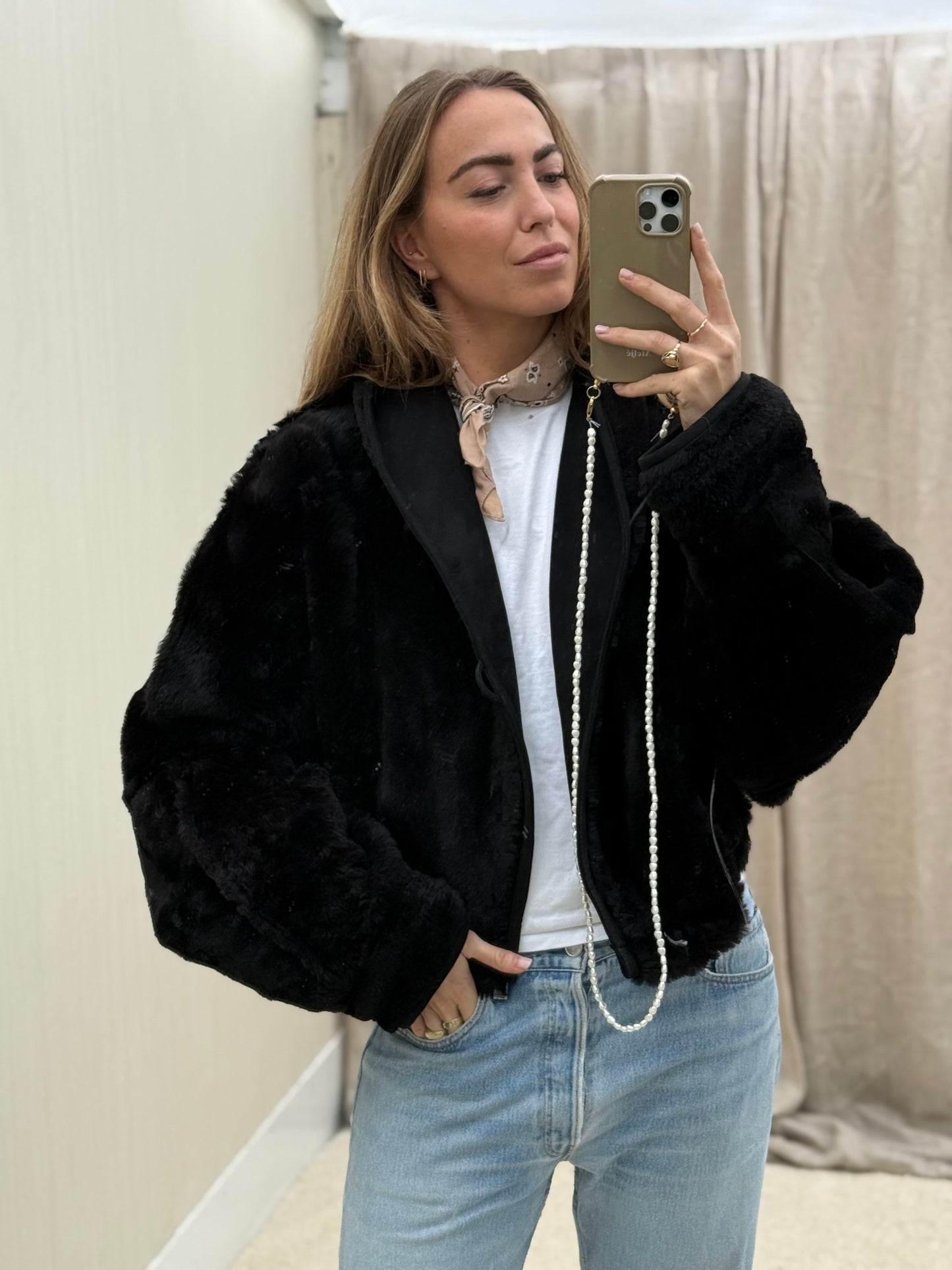 Vintage cropped reversible lammy coat zwart oversized