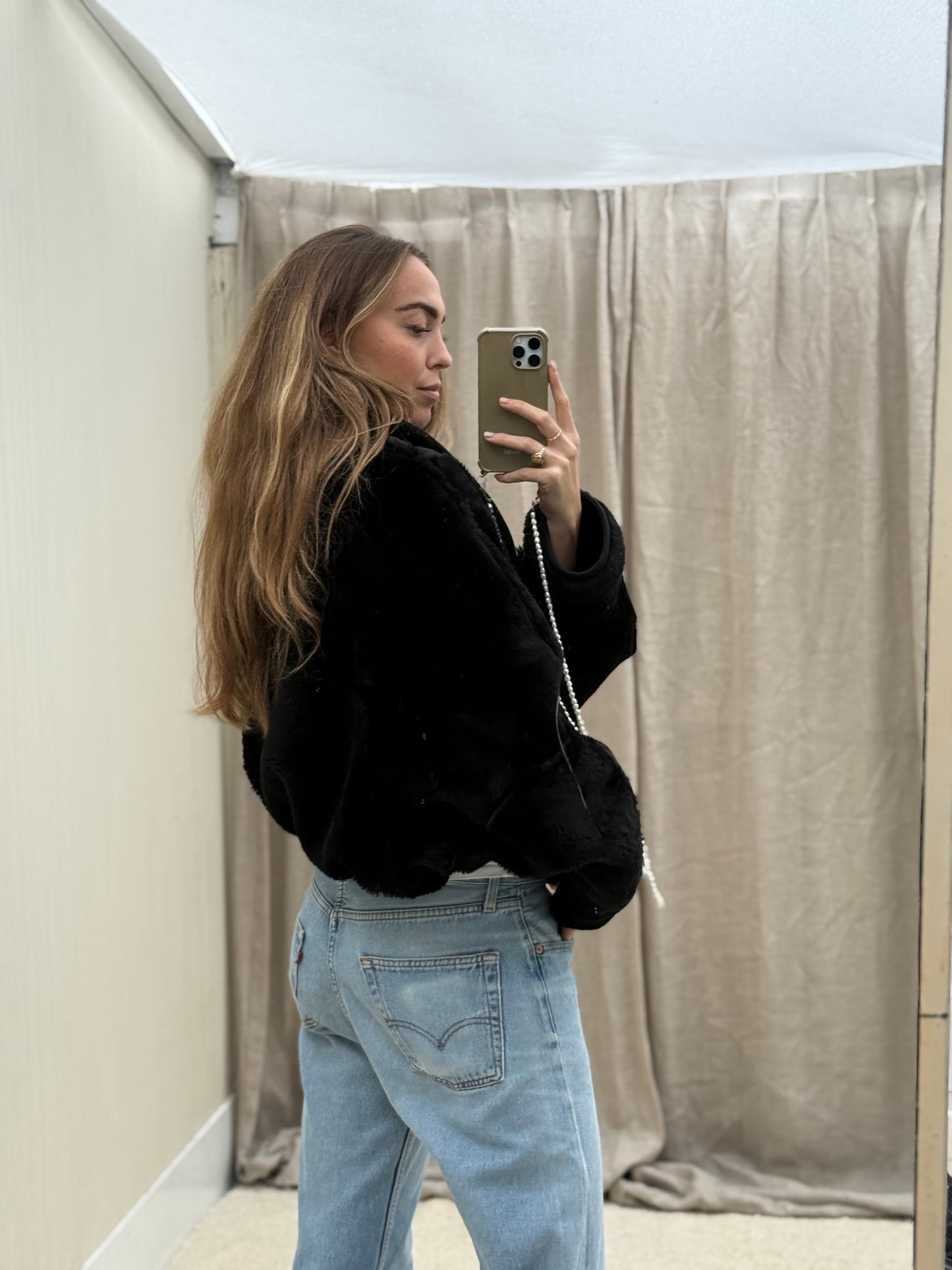 Vintage cropped reversible lammy coat zwart oversized