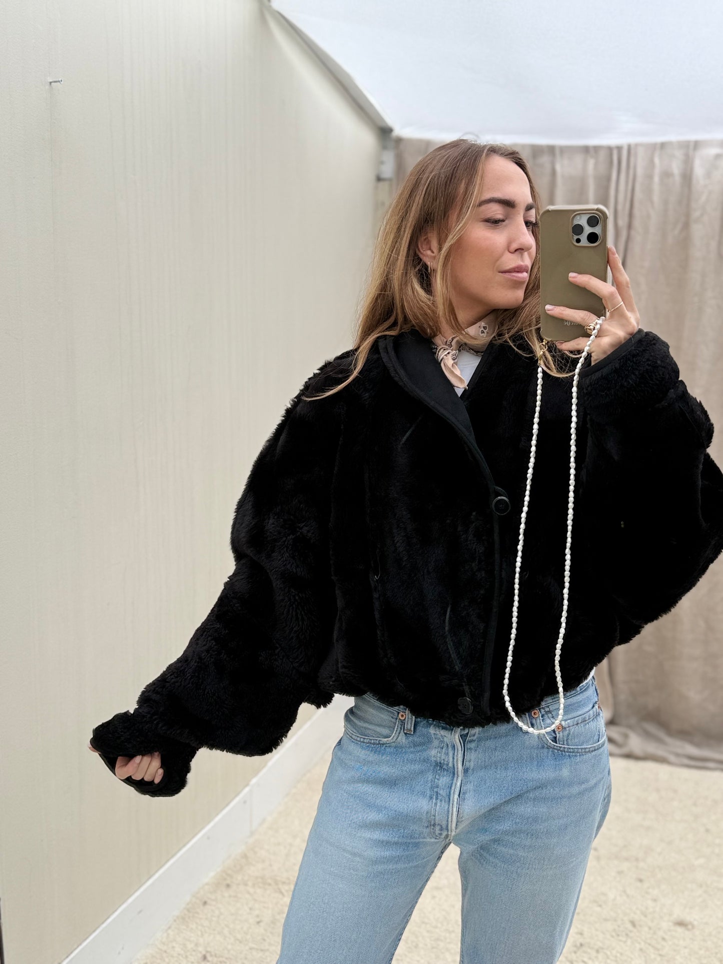 Vintage cropped reversible lammy coat zwart oversized