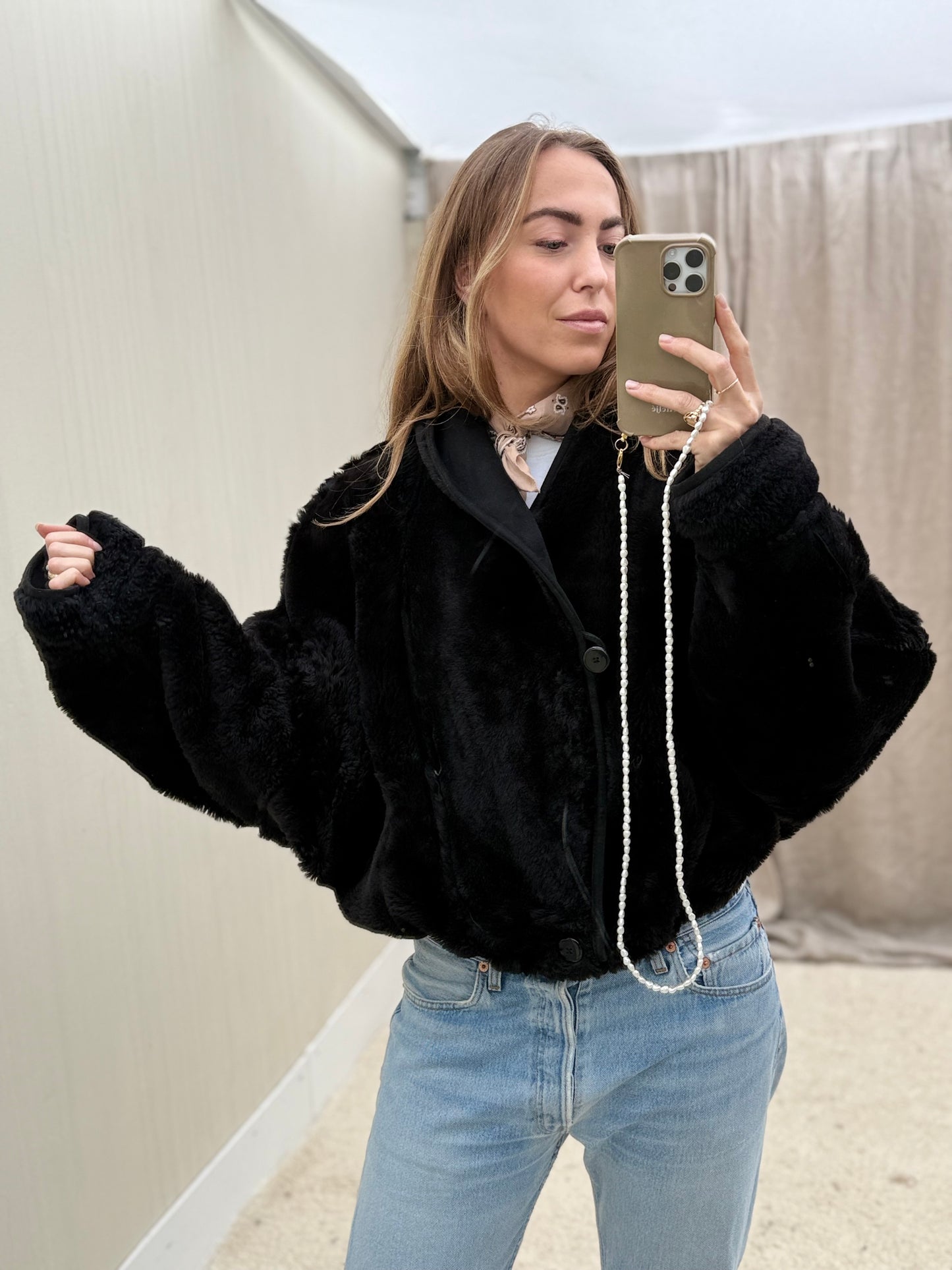 Vintage cropped reversible lammy coat zwart oversized