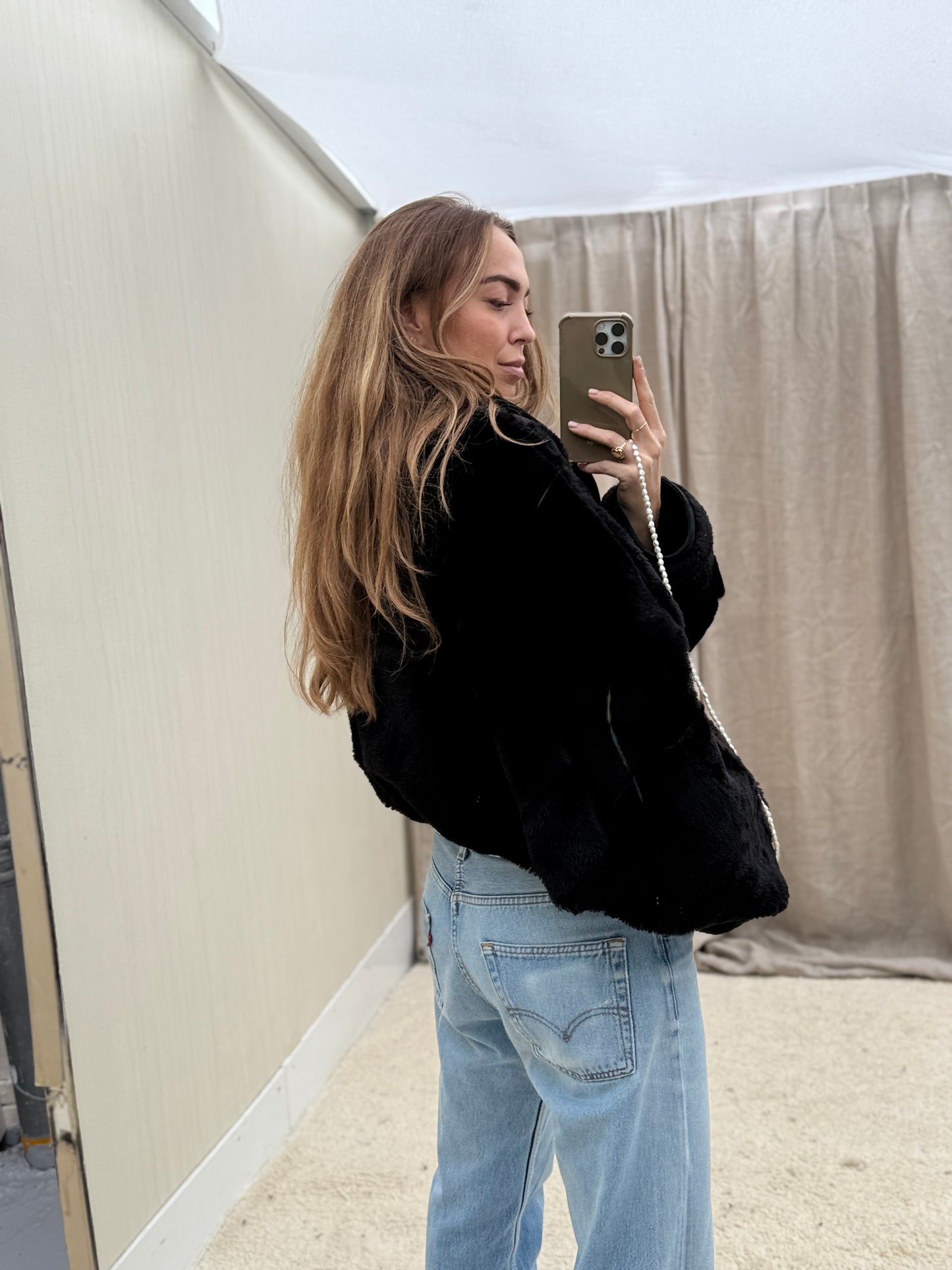 Vintage cropped reversible lammy coat zwart oversized
