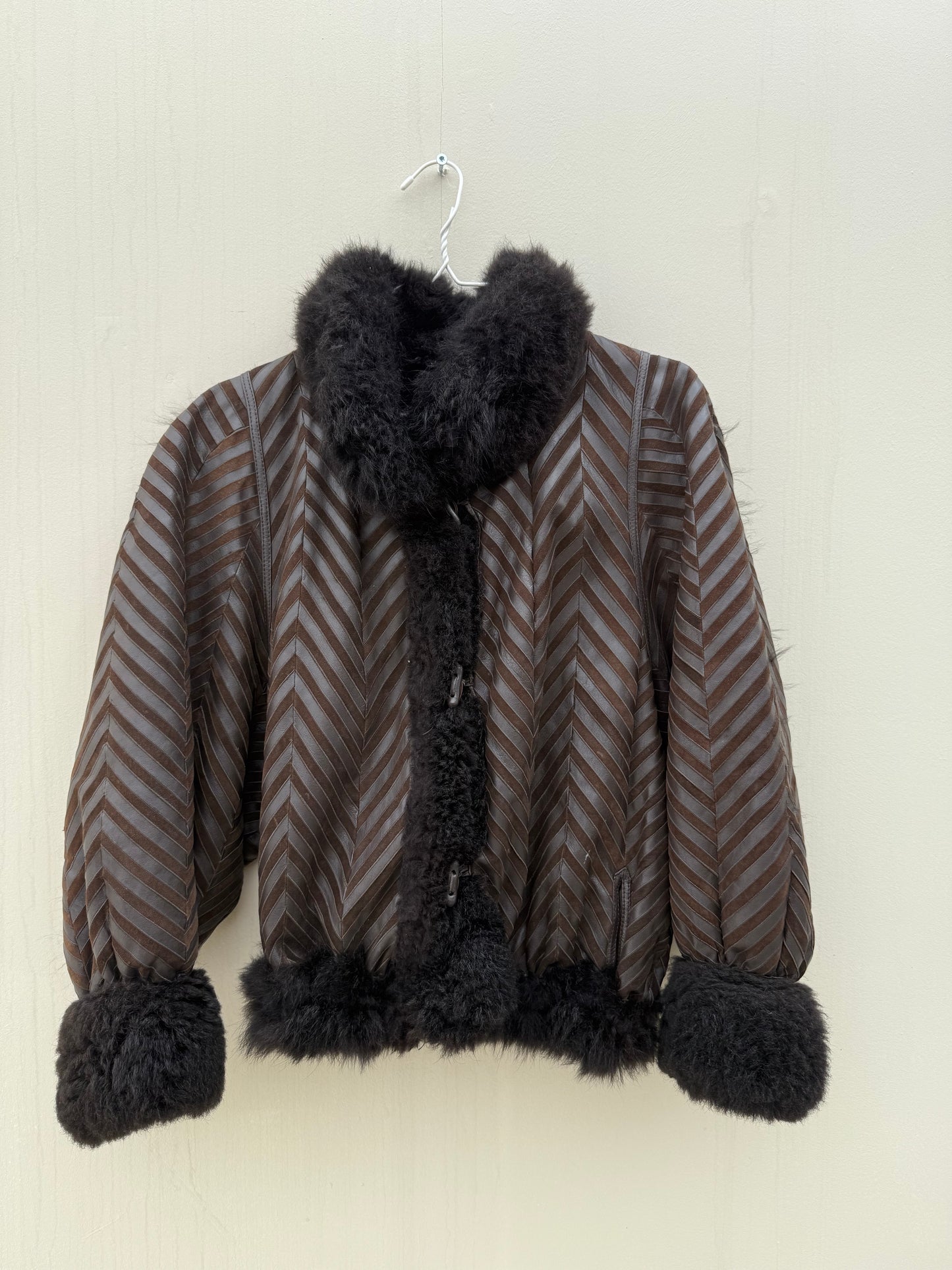 Vintage remade cropped lammy coat striped leather suede