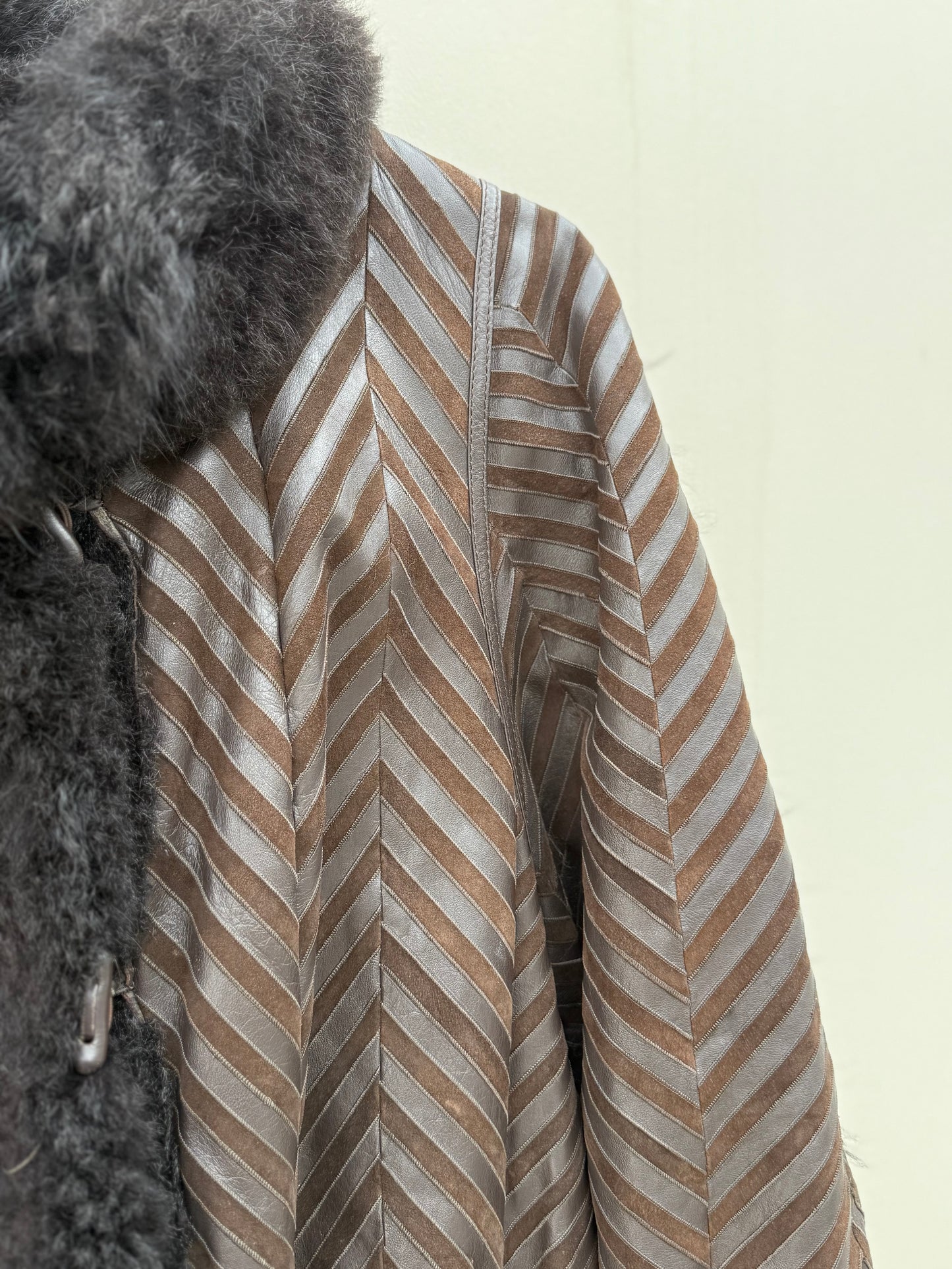 Vintage remade cropped lammy coat striped leather suede
