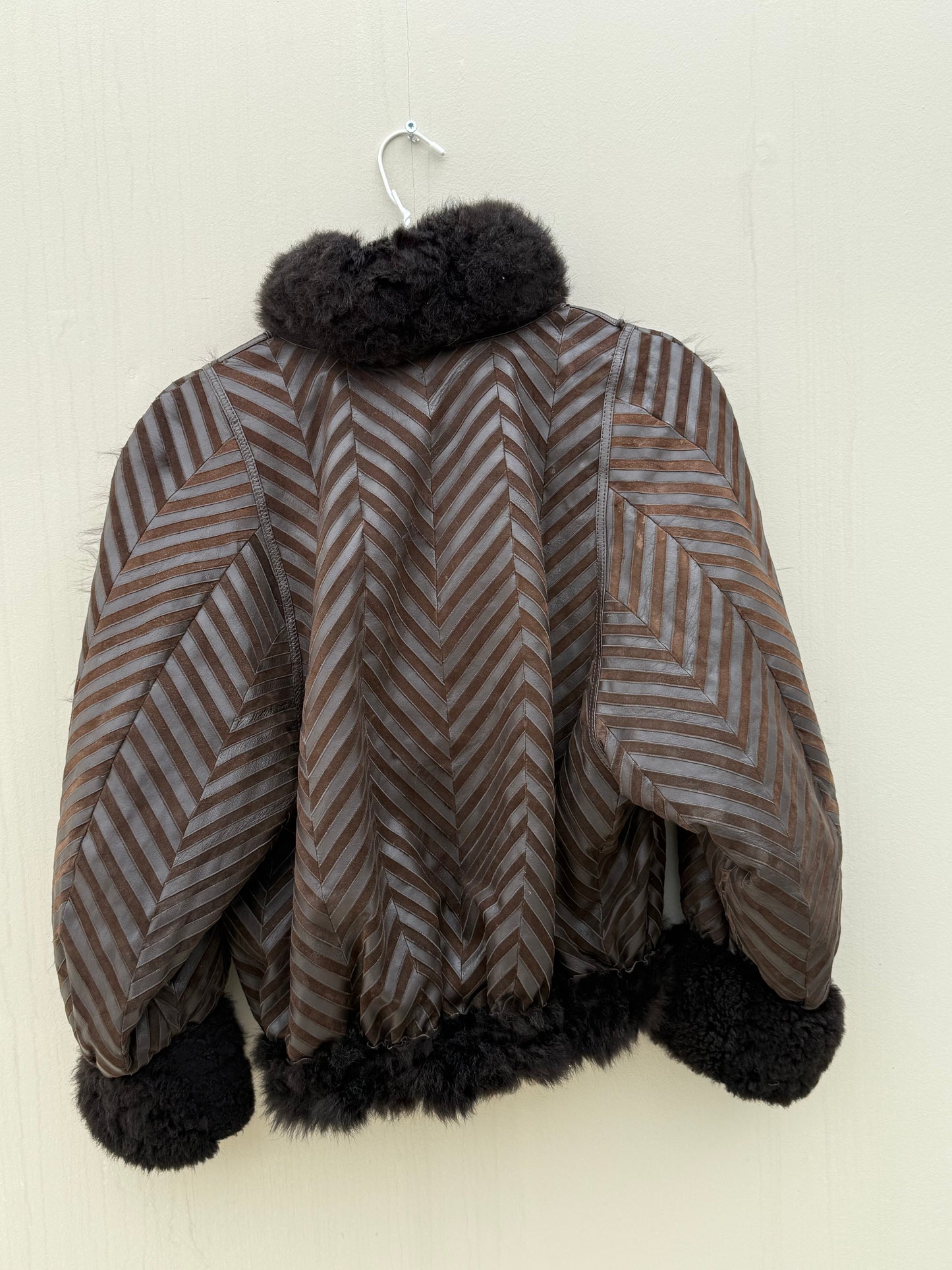 Vintage remade cropped lammy coat striped leather suede