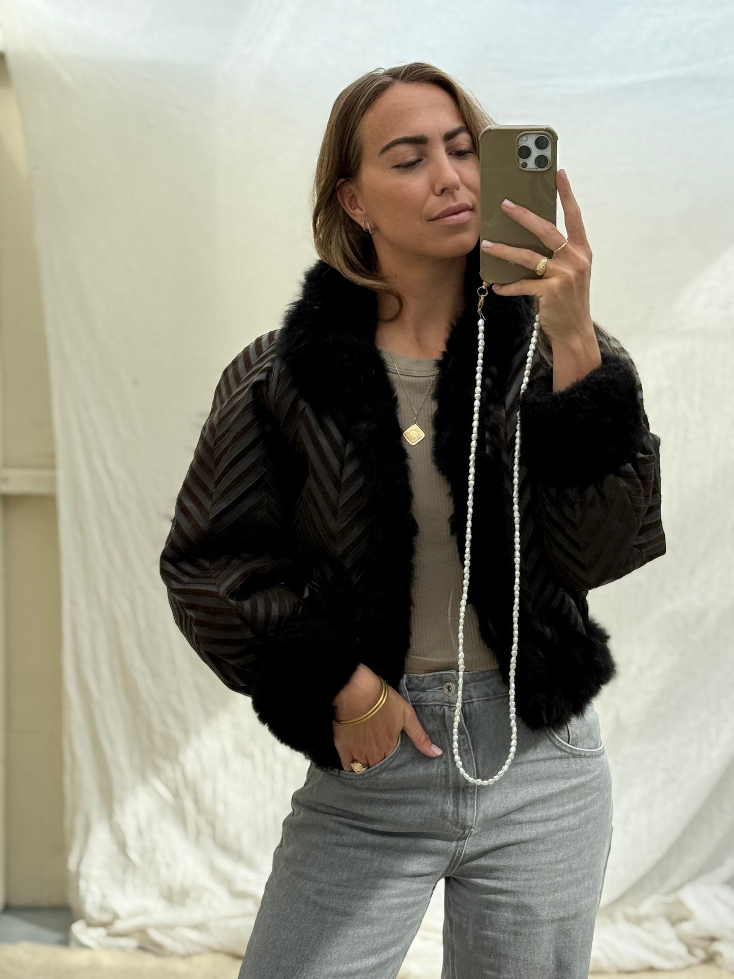 Vintage remade cropped lammy coat striped leather suede