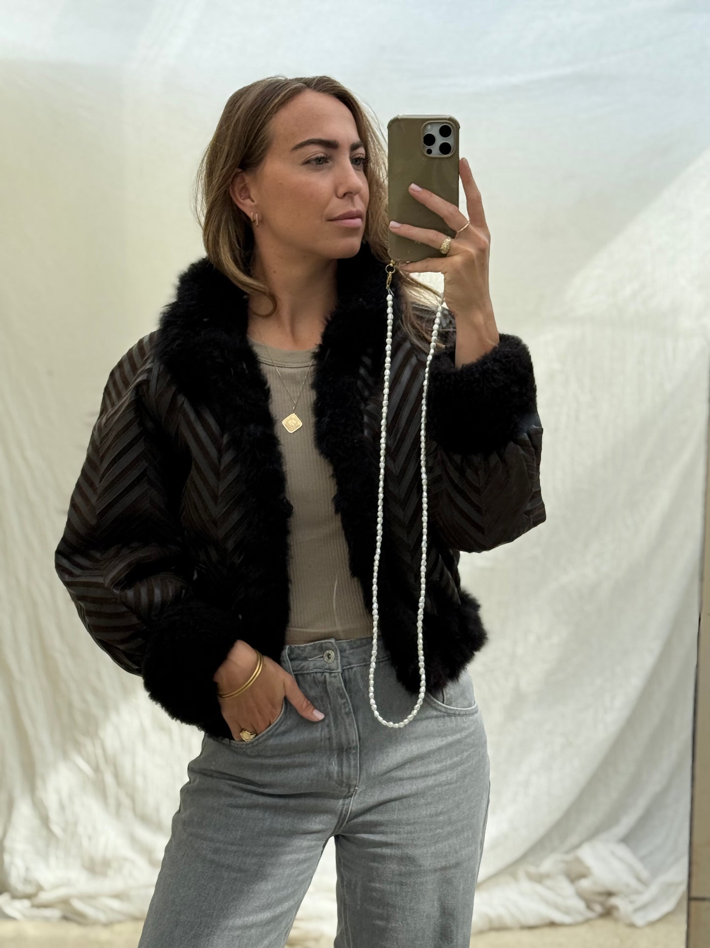 Vintage remade cropped lammy coat striped leather suede