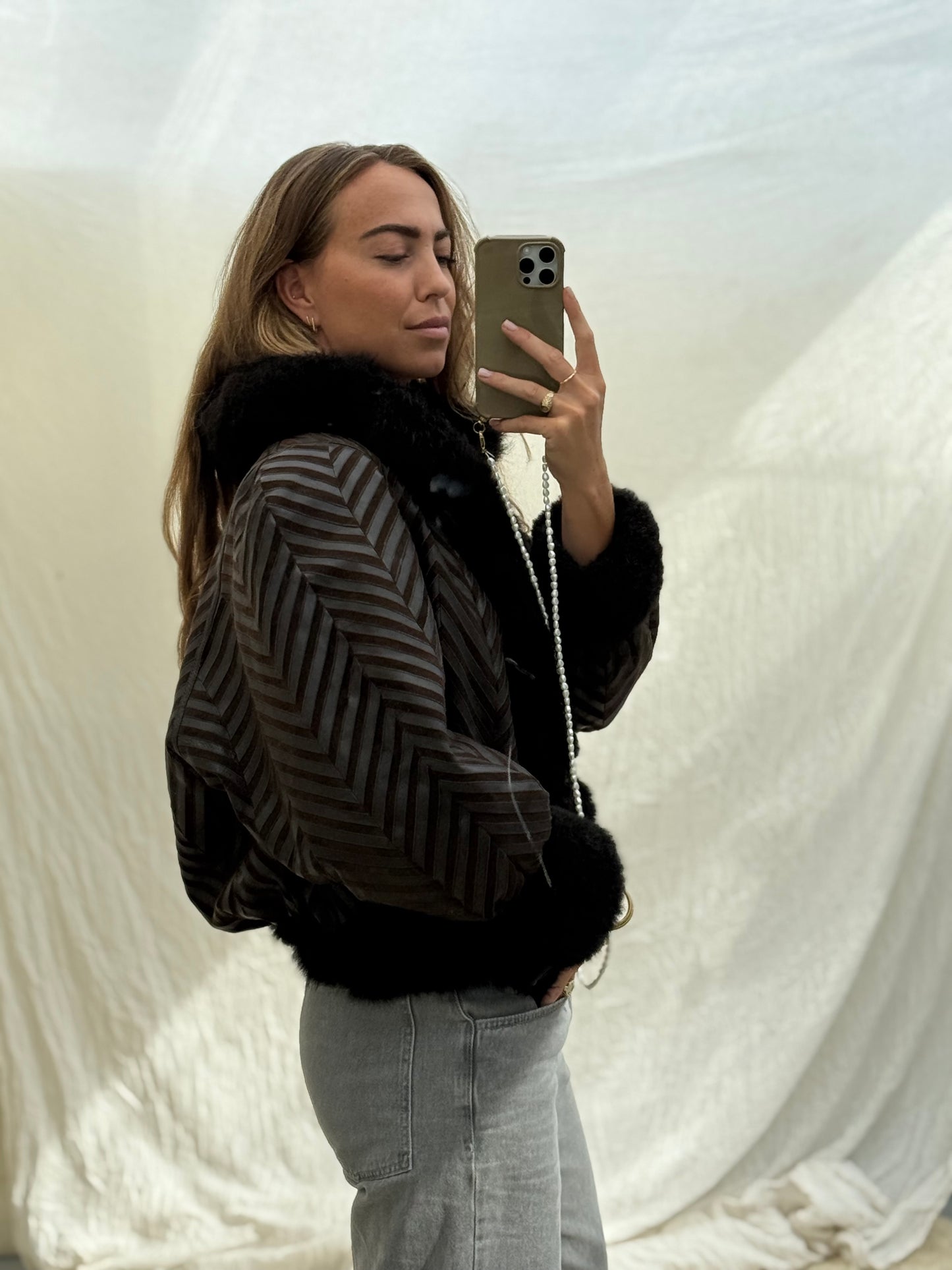 Vintage remade cropped lammy coat striped leather suede