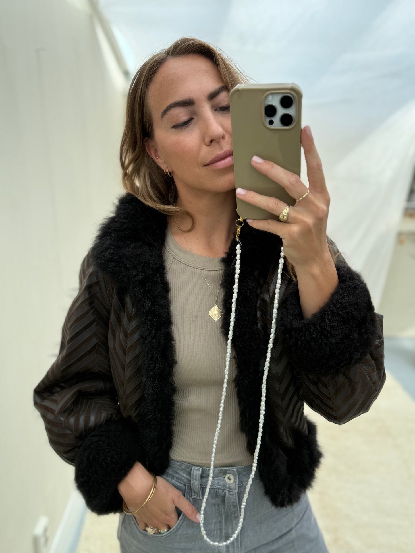 Vintage remade cropped lammy coat striped leather suede