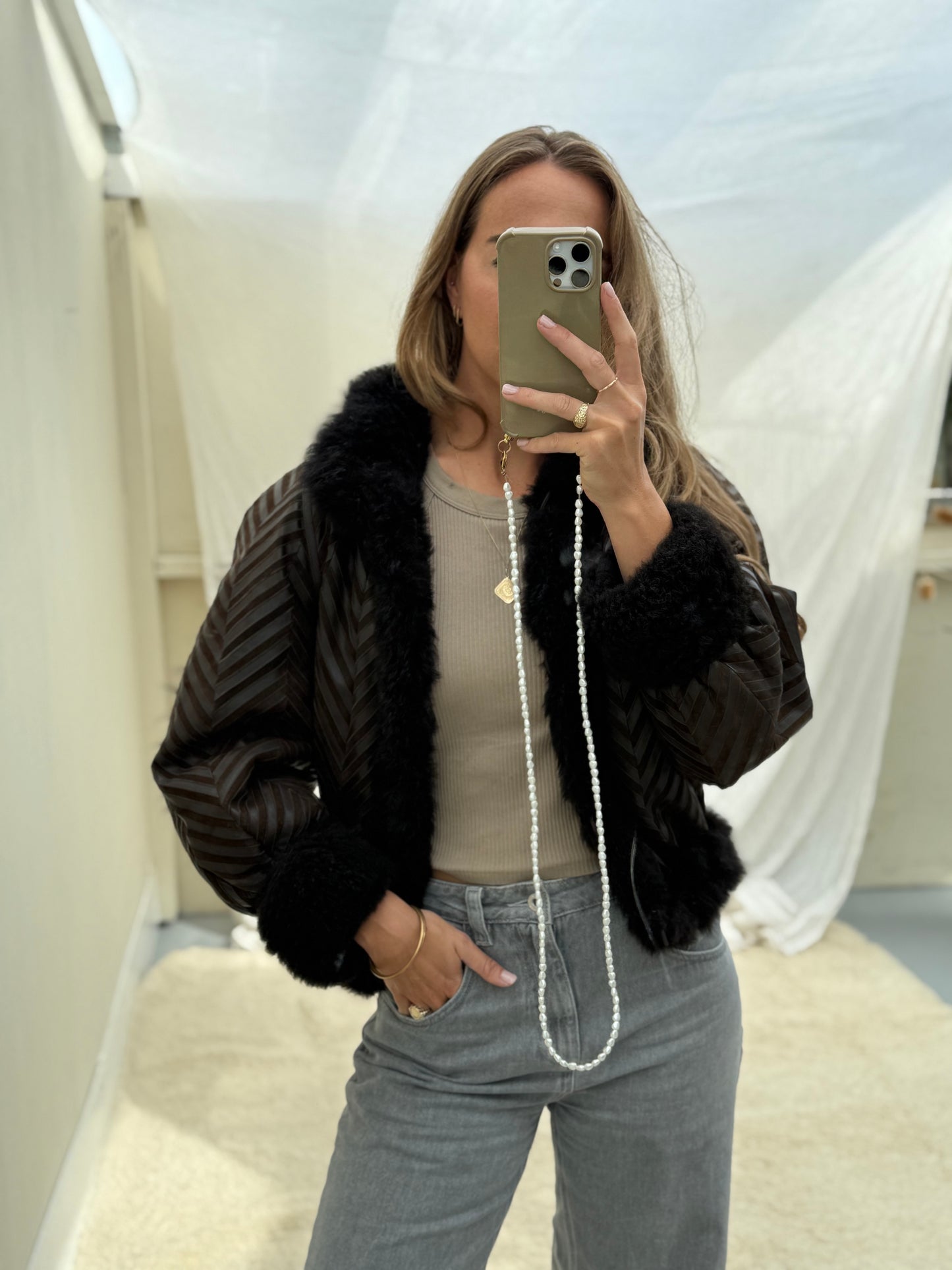 Vintage remade cropped lammy coat striped leather suede