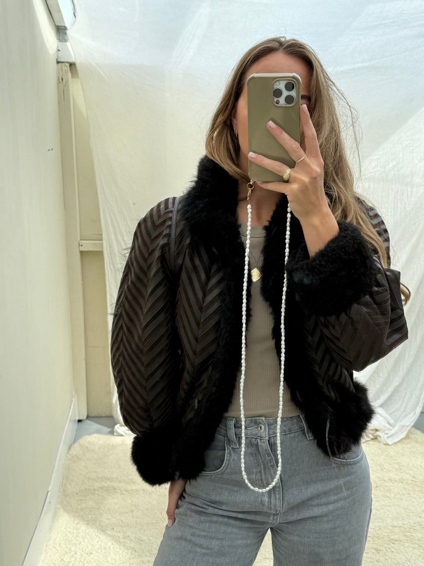 Vintage remade cropped lammy coat striped leather suede