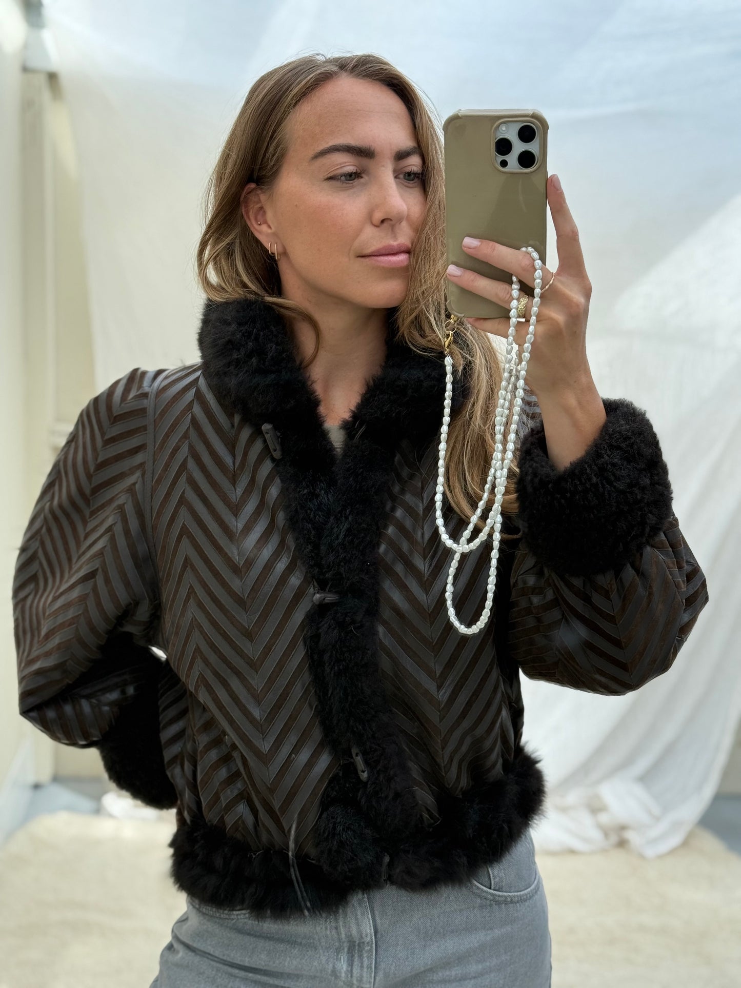 Vintage remade cropped lammy coat striped leather suede