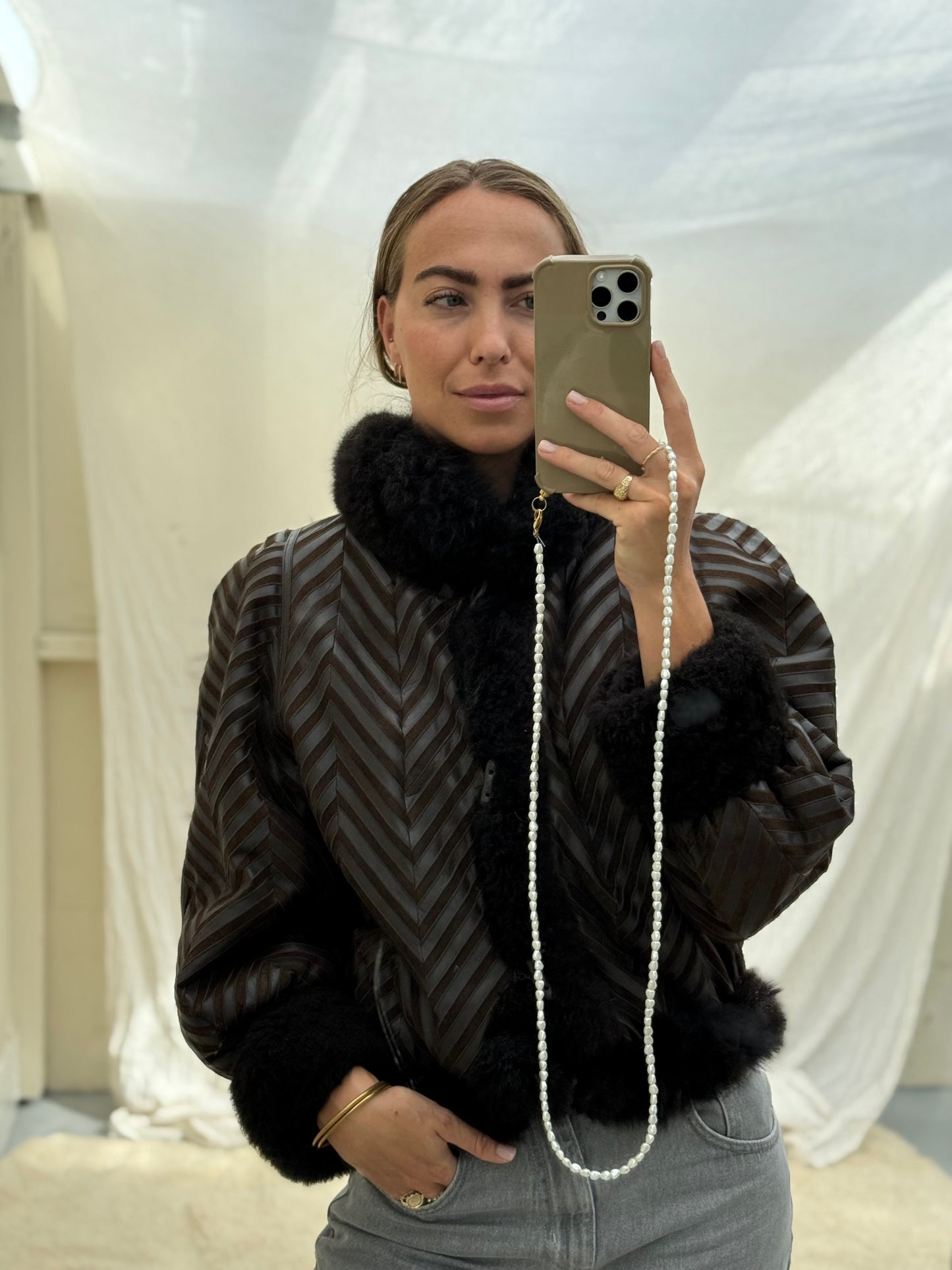 Vintage remade cropped lammy coat striped leather suede