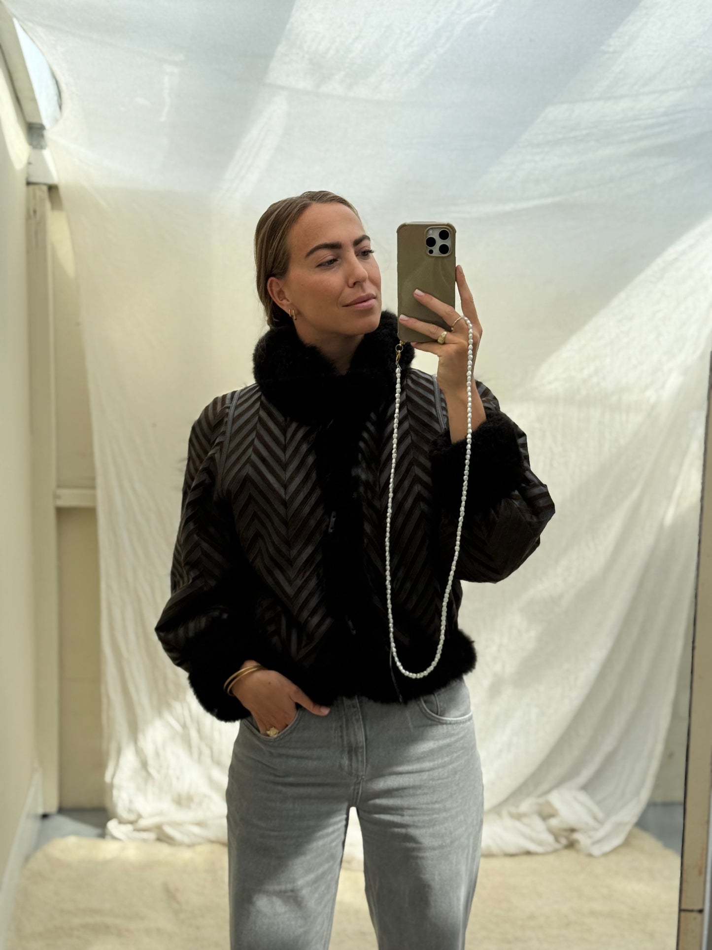 Vintage remade cropped lammy coat striped leather suede