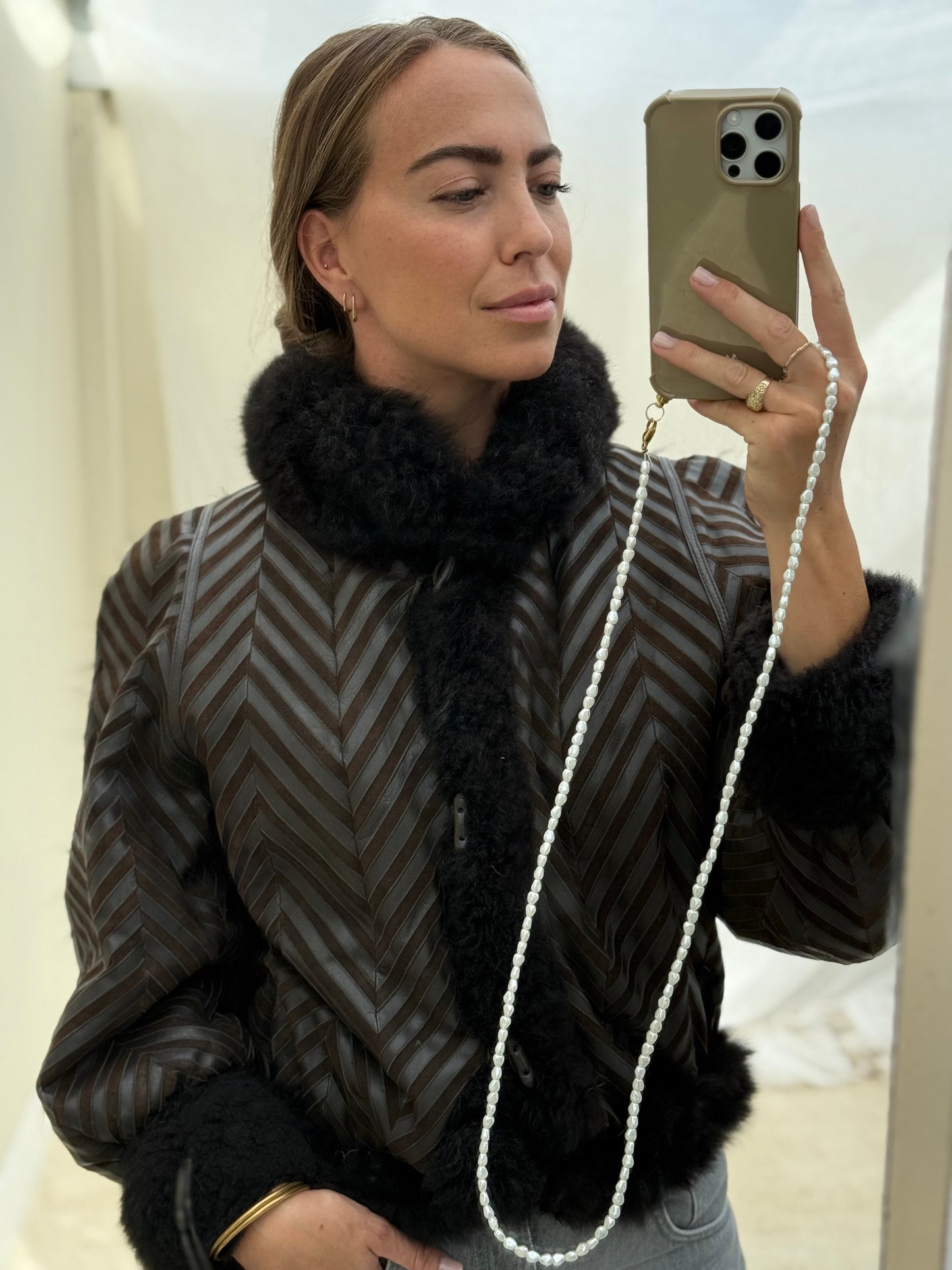 Vintage remade cropped lammy coat striped leather suede