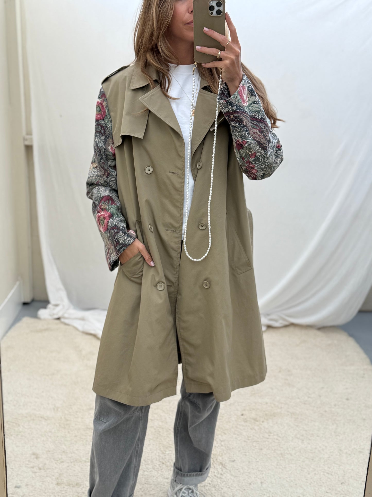 Vintage remade trenchcoat musthave herfst groen flowery