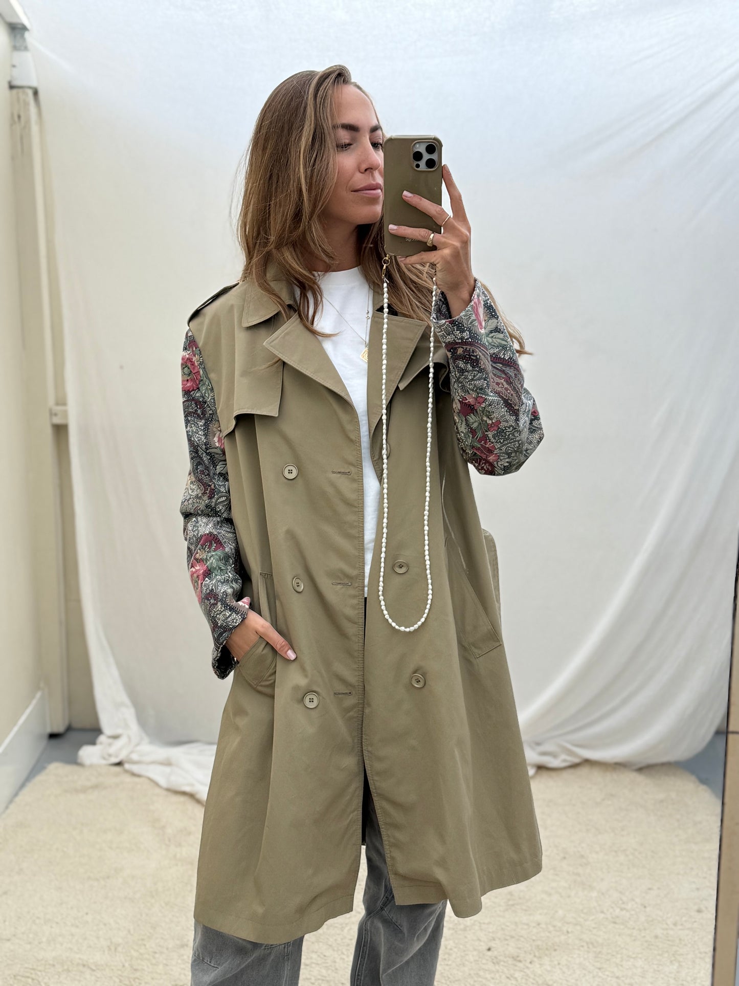 Vintage remade trenchcoat musthave herfst groen flowery