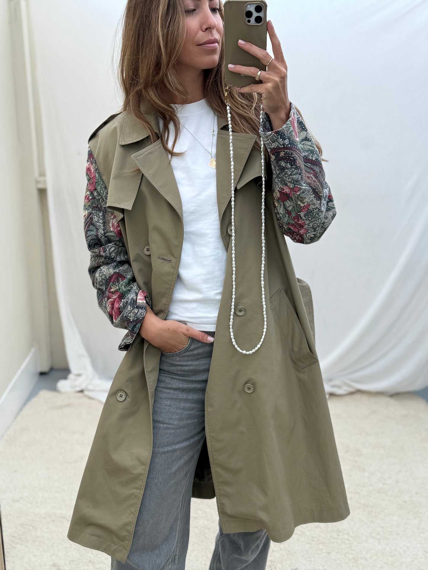 Vintage remade trenchcoat musthave herfst groen flowery