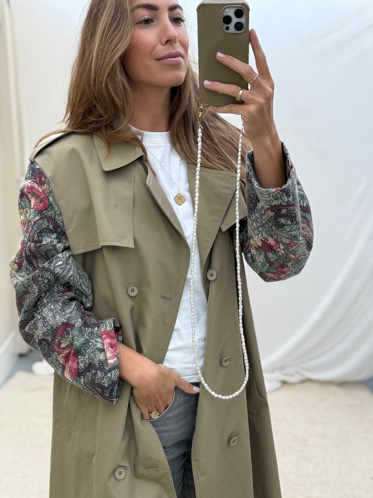 Vintage remade trenchcoat musthave herfst groen flowery