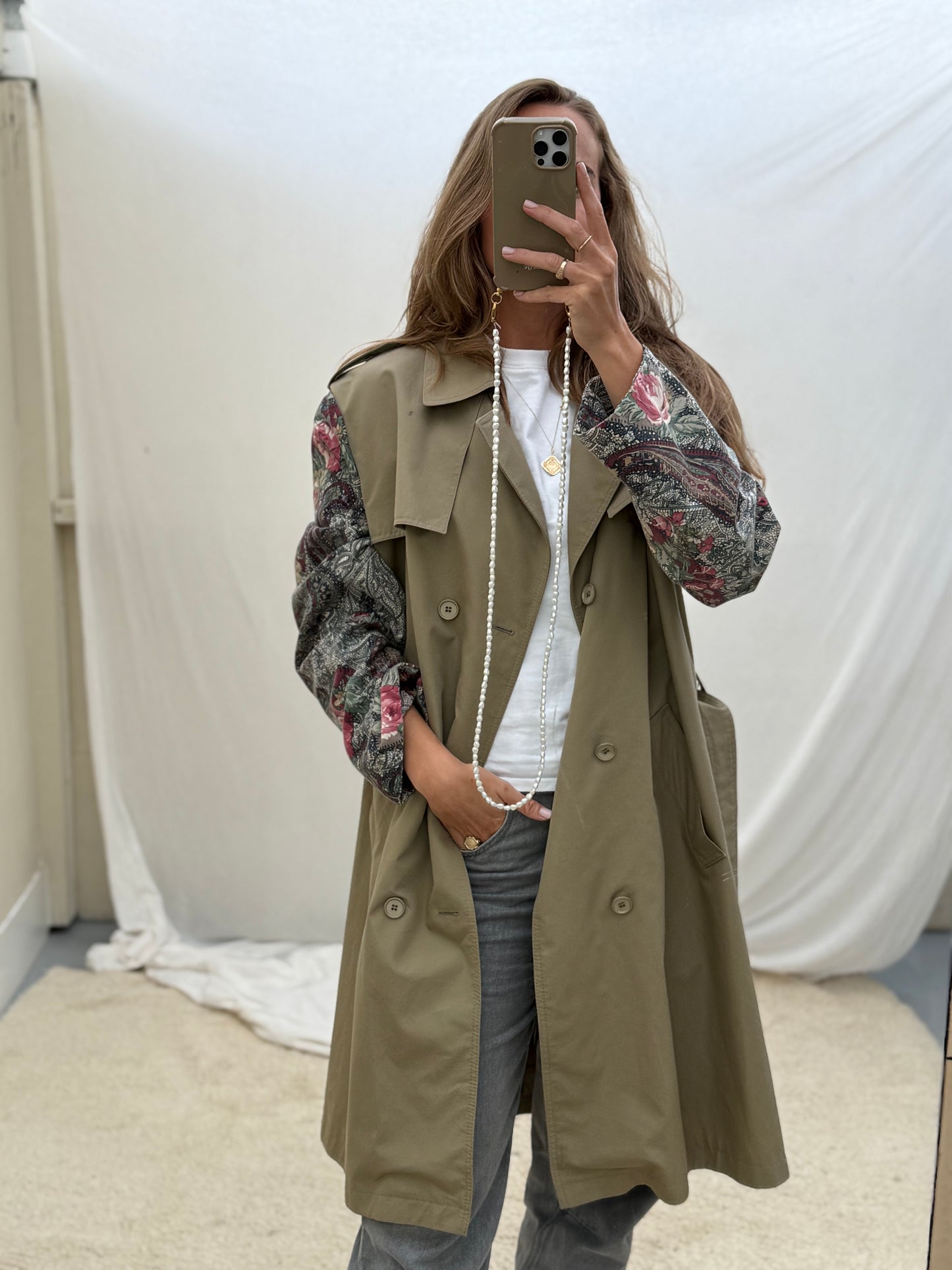 Vintage remade trenchcoat musthave herfst groen flowery