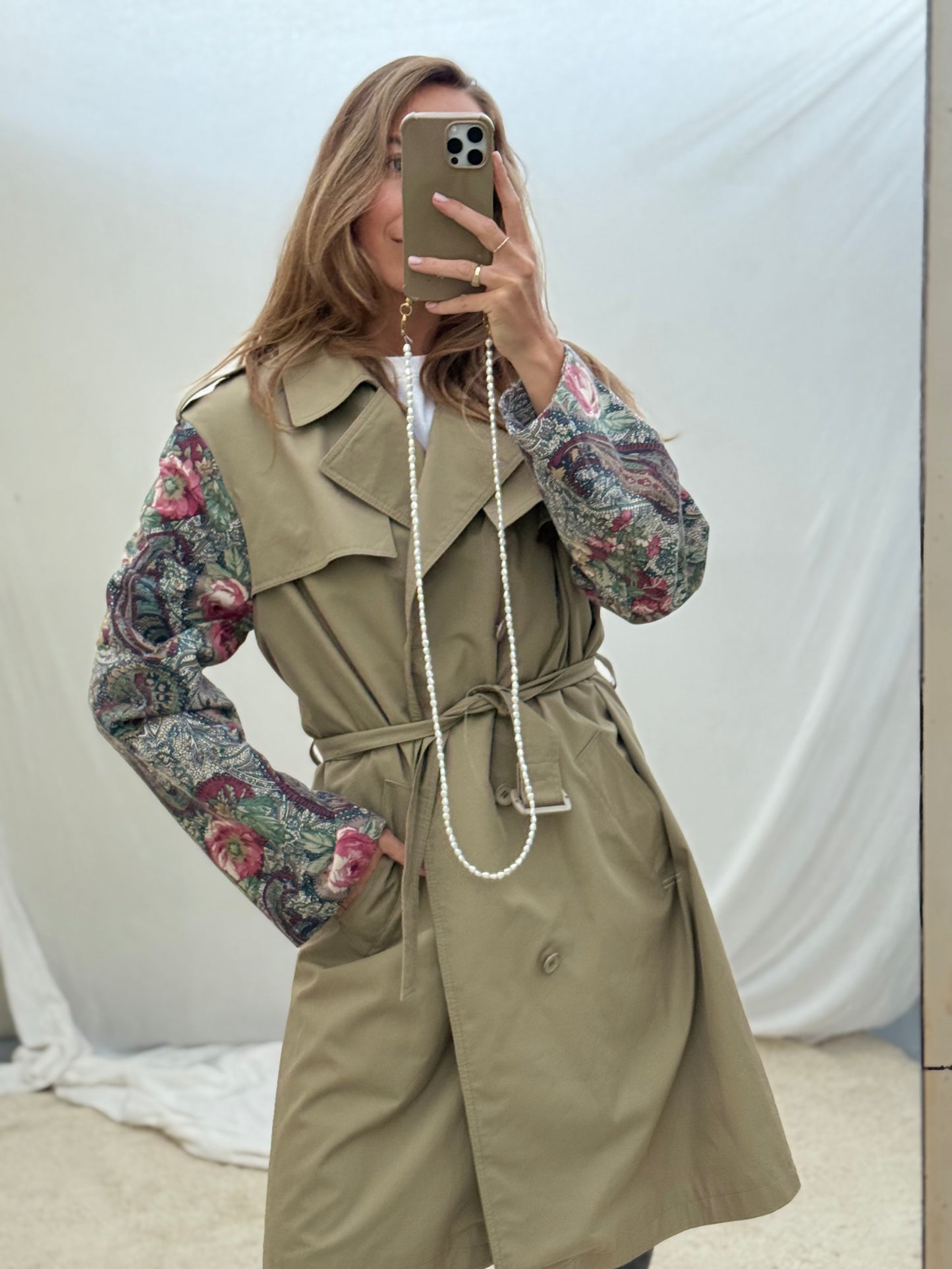 Vintage remade trenchcoat musthave herfst groen flowery