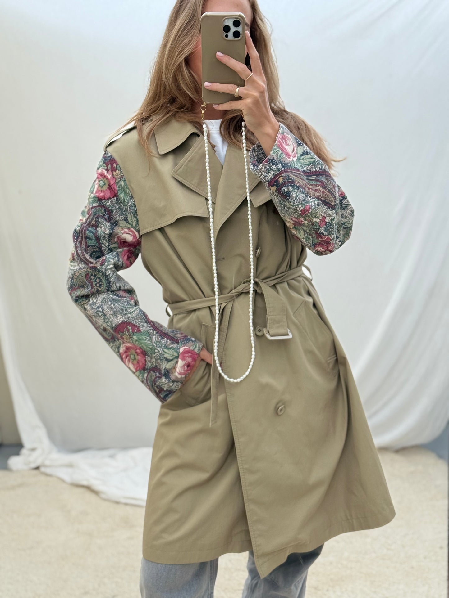 Vintage remade trenchcoat musthave herfst groen flowery