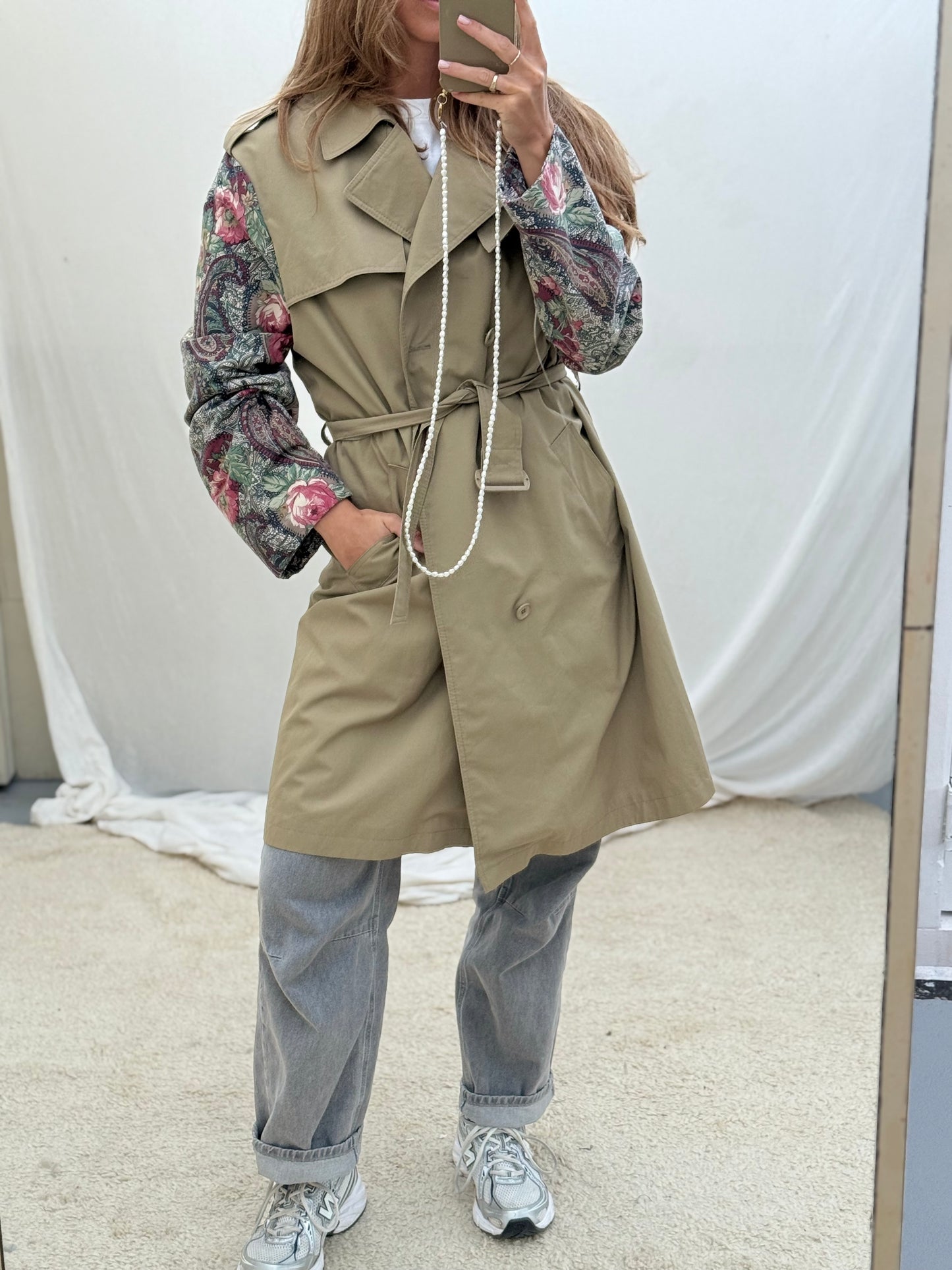 Vintage remade trenchcoat musthave herfst groen flowery
