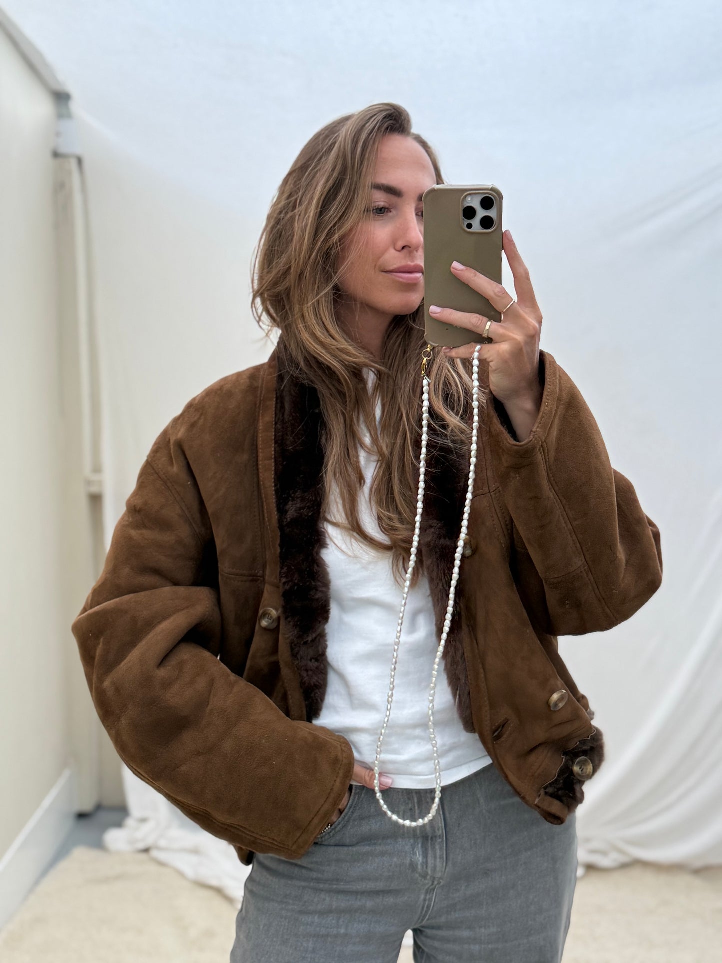 Vintage cropped lammy coat shearling reversible donkerbruin