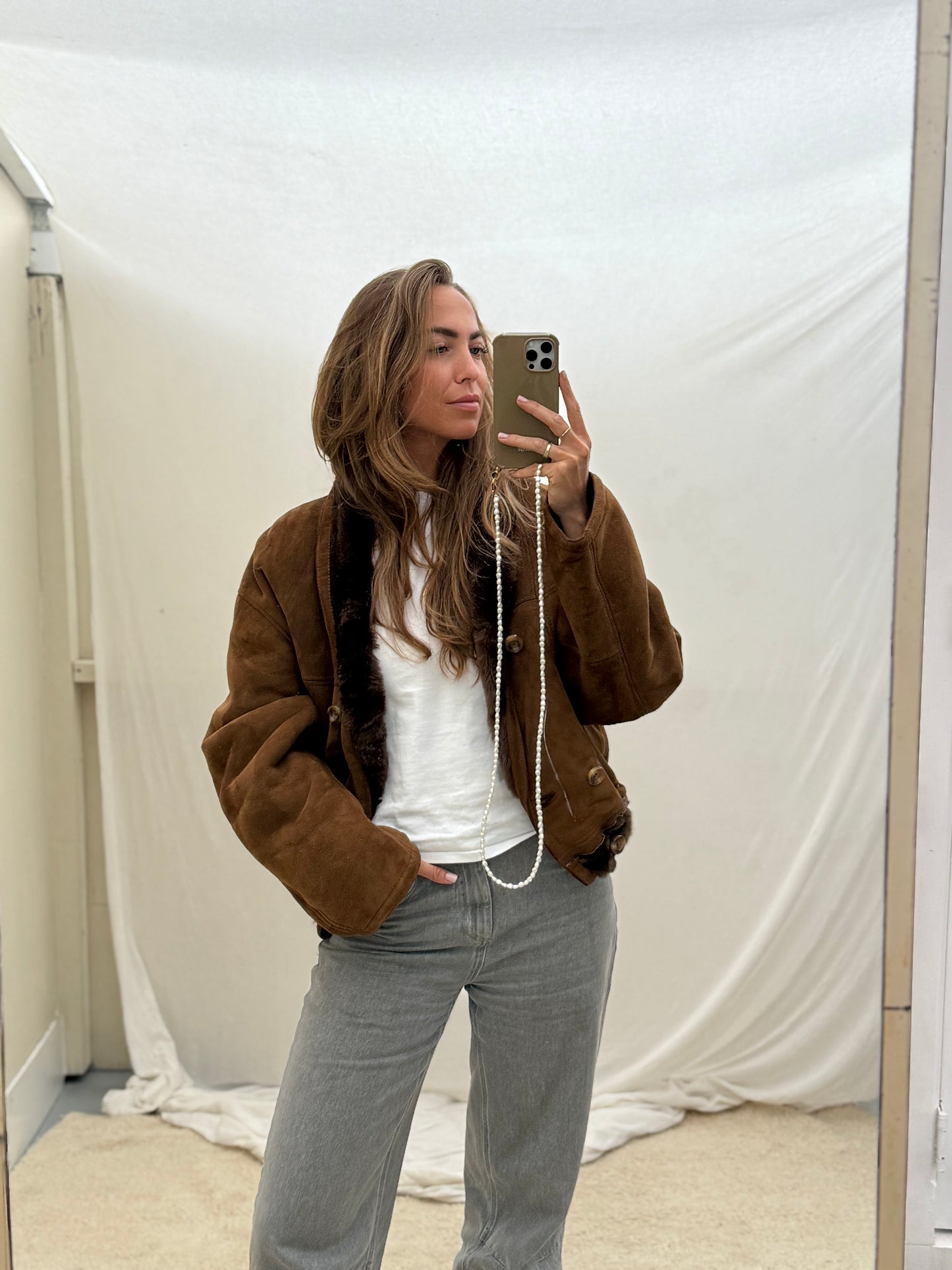 Vintage cropped lammy coat shearling reversible donkerbruin