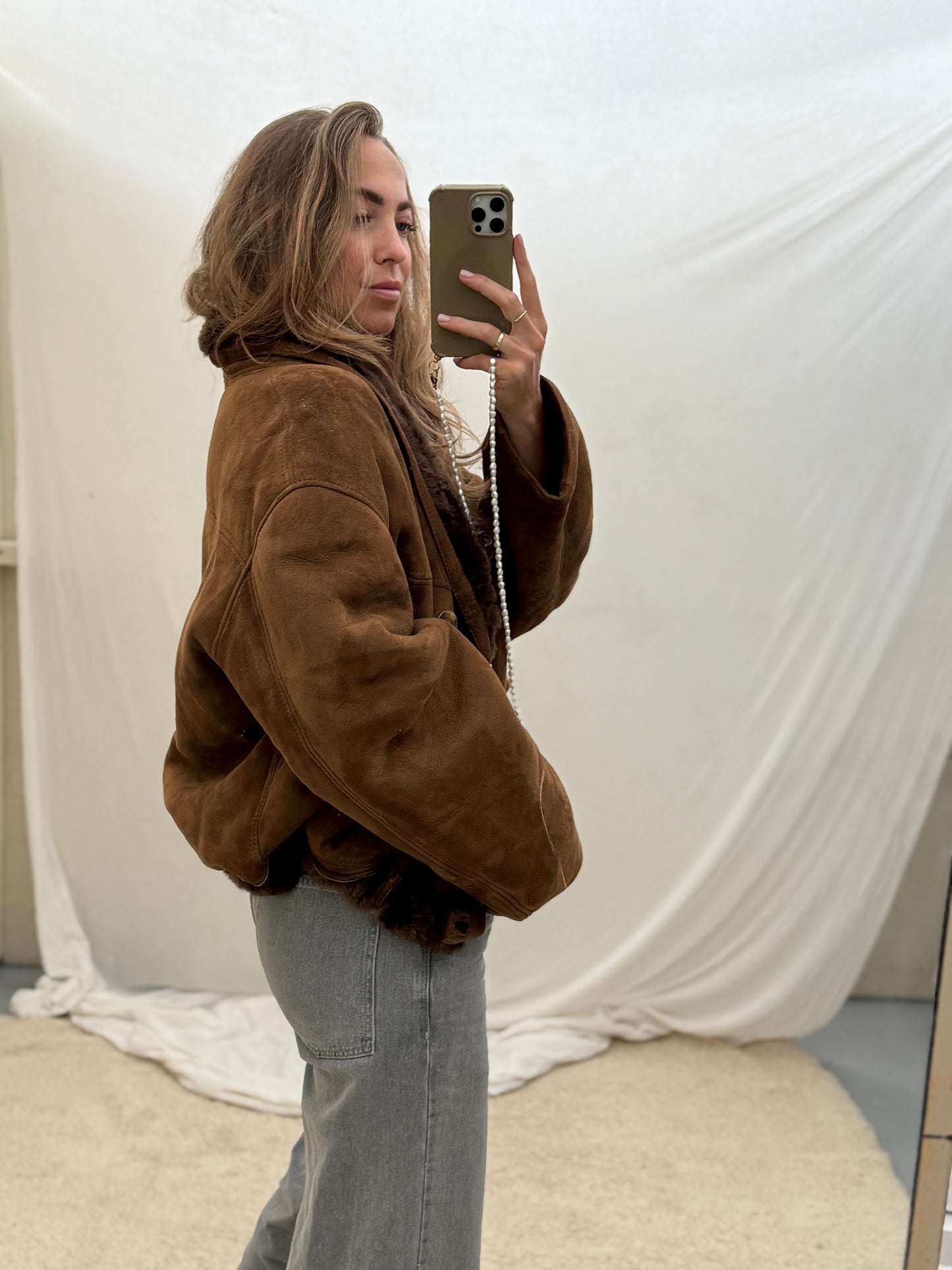 Vintage cropped lammy coat shearling reversible donkerbruin