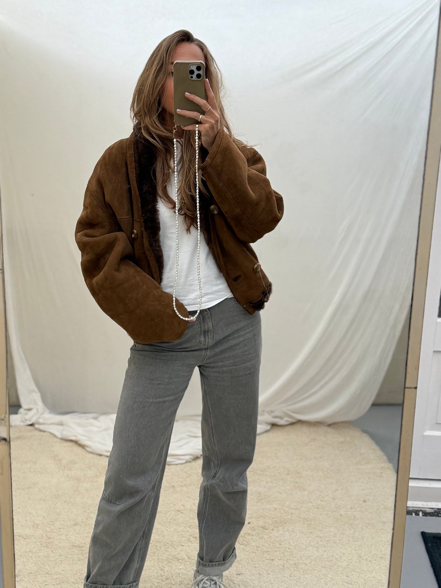 Vintage cropped lammy coat shearling reversible donkerbruin