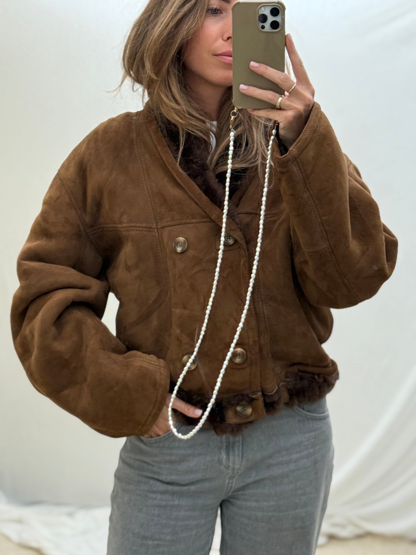 Vintage cropped lammy coat shearling reversible donkerbruin