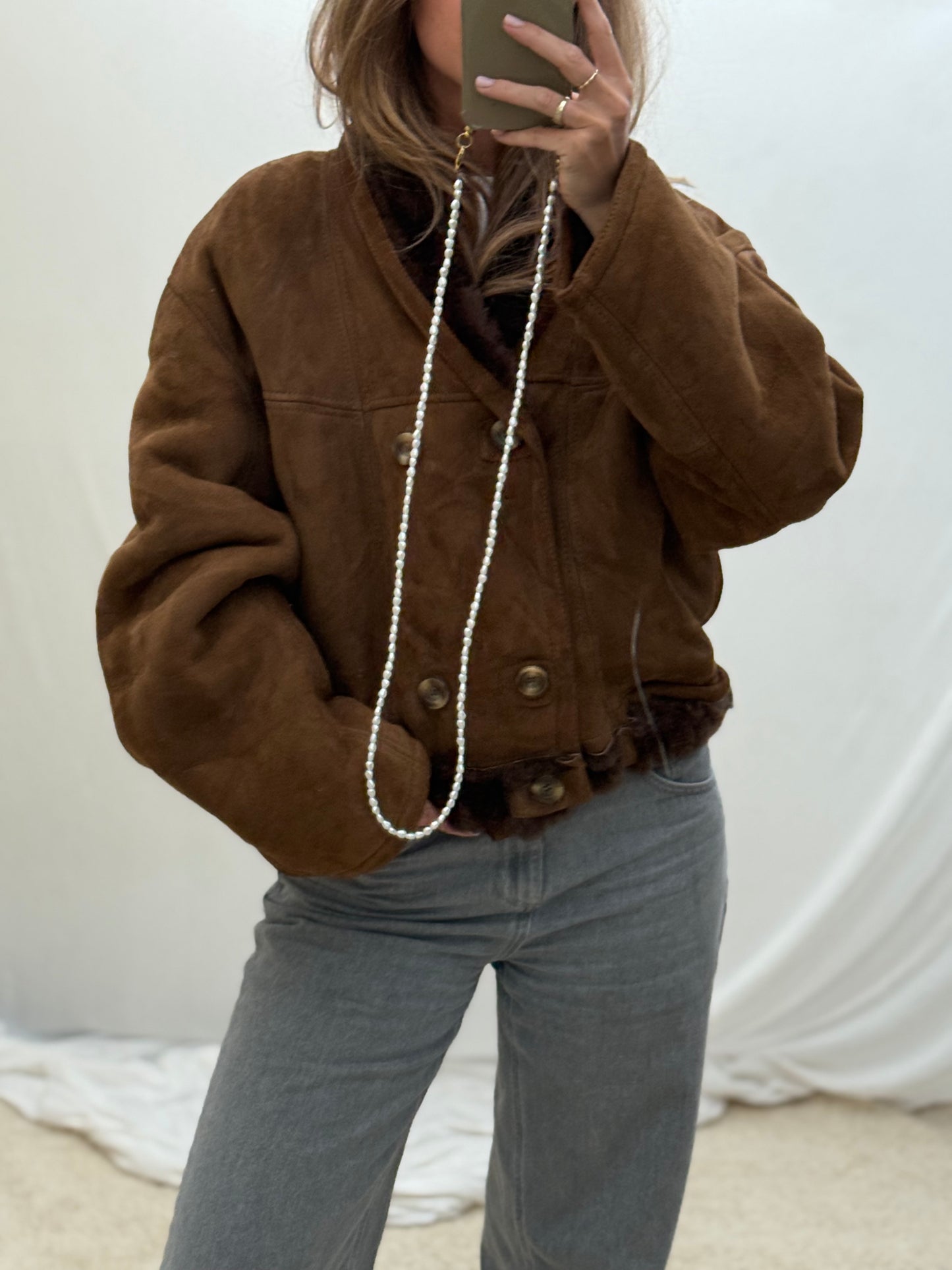 Vintage cropped lammy coat shearling reversible donkerbruin