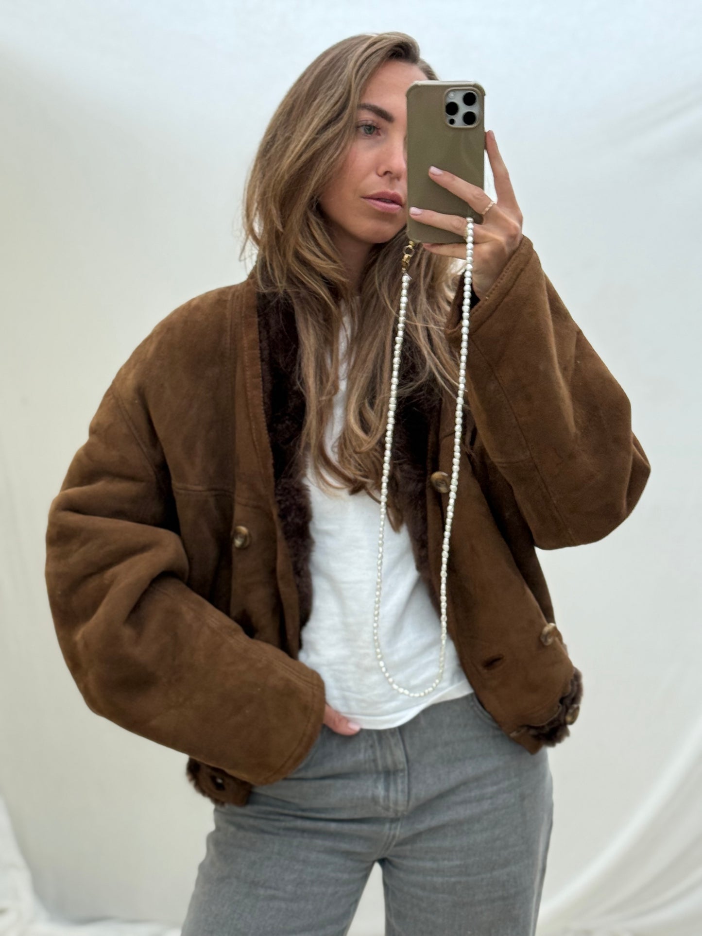 Vintage cropped lammy coat shearling reversible donkerbruin