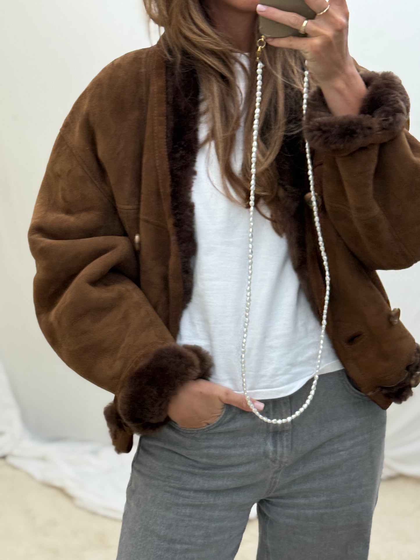 Vintage cropped lammy coat shearling reversible donkerbruin
