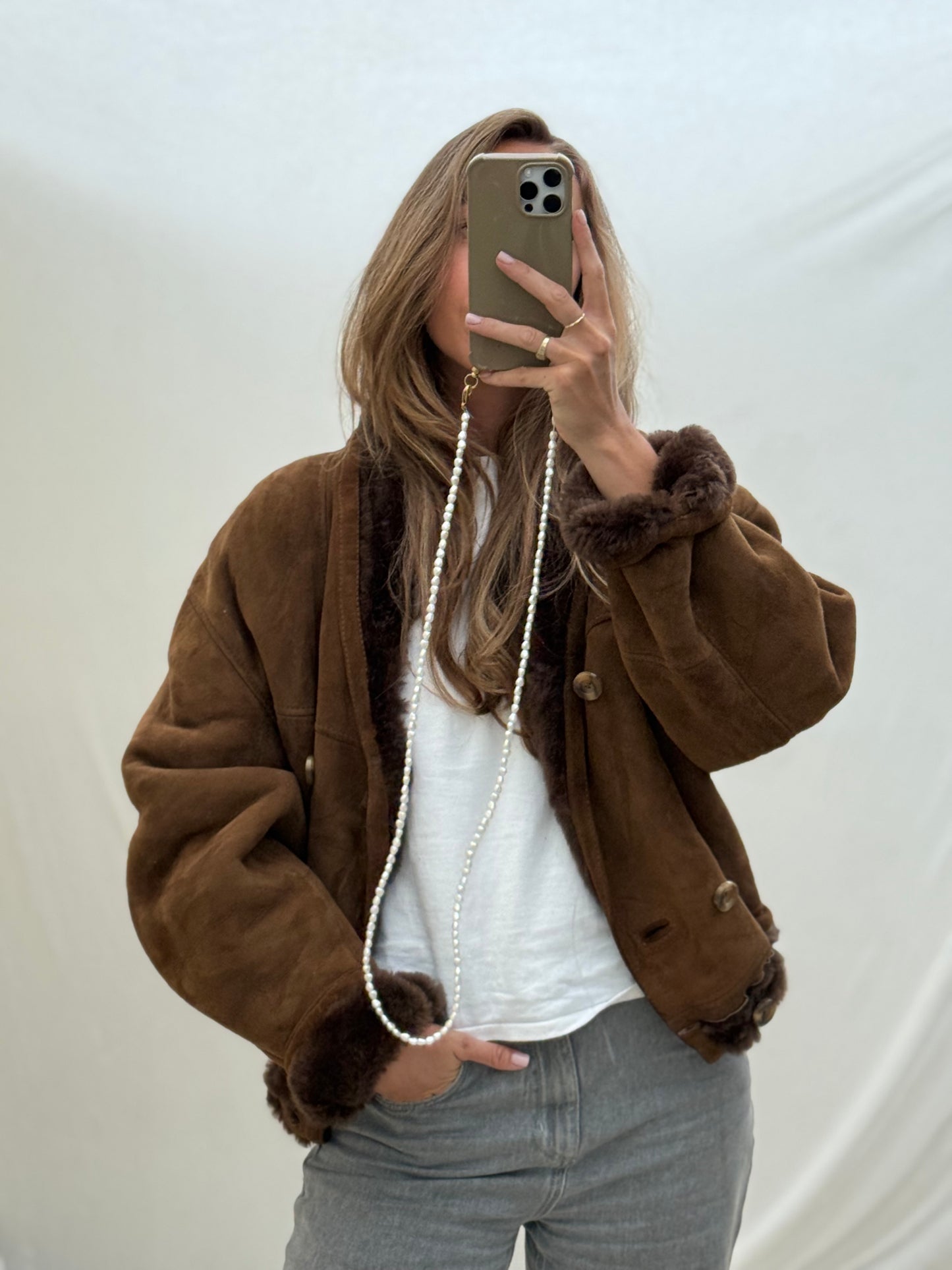 Vintage cropped lammy coat shearling reversible donkerbruin