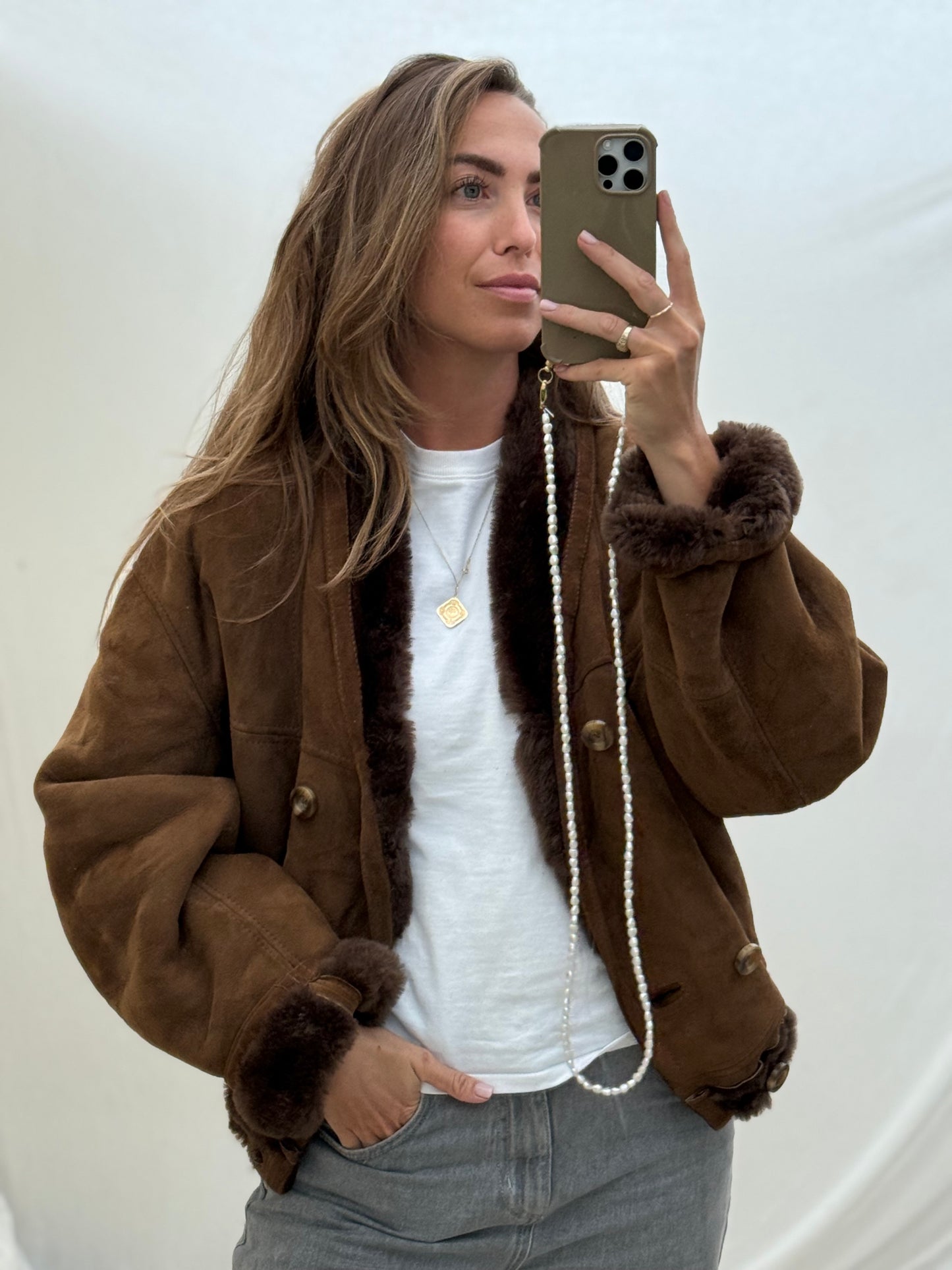 Vintage cropped lammy coat shearling reversible donkerbruin