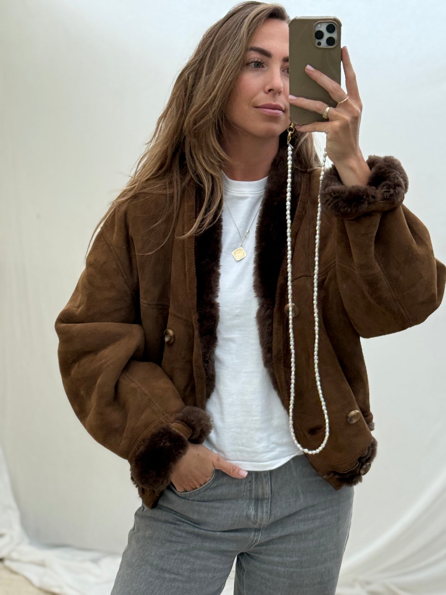 Vintage cropped lammy coat shearling reversible donkerbruin