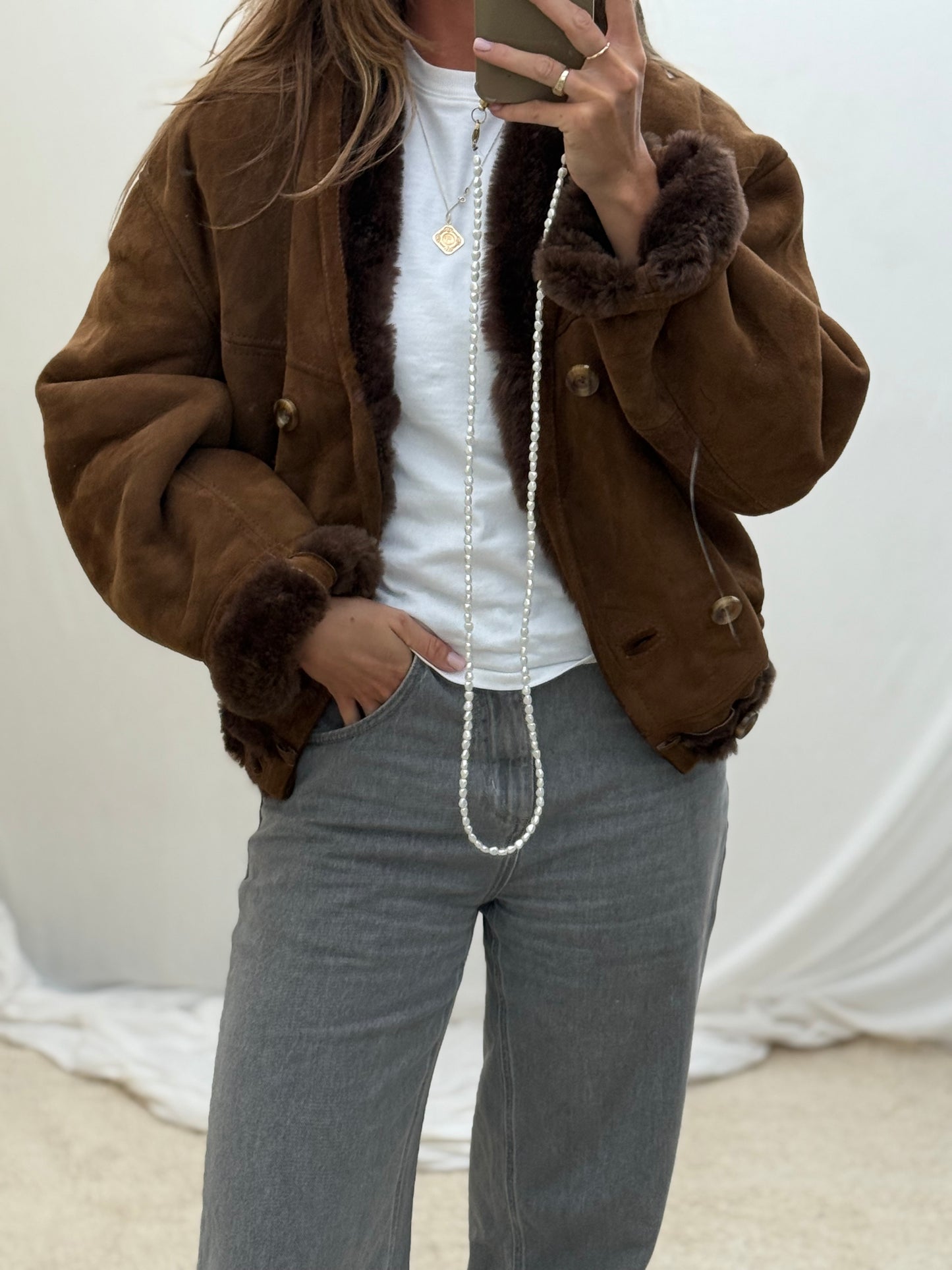 Vintage cropped lammy coat shearling reversible donkerbruin