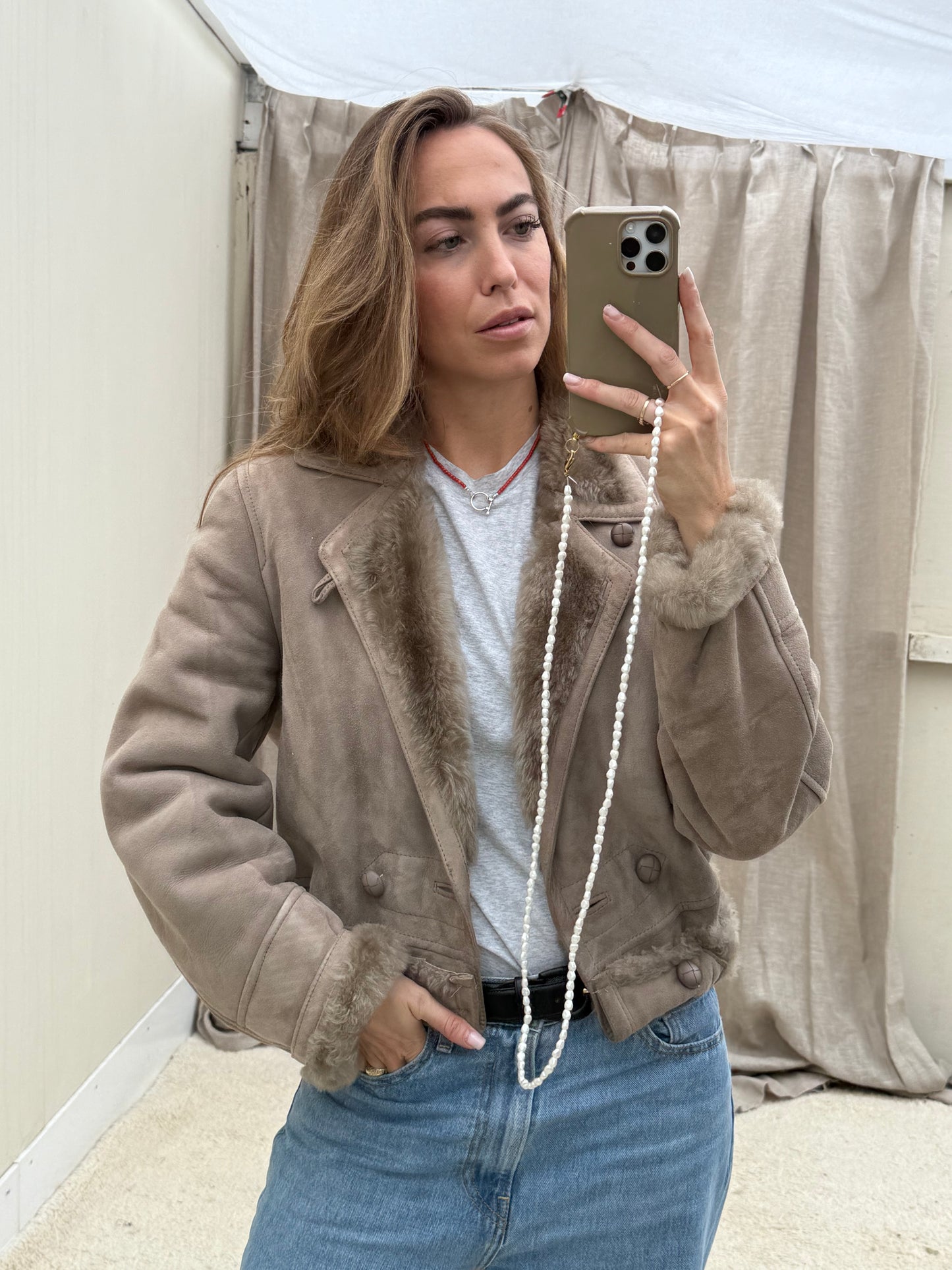 Vintage remade lammy coat reversible cropped model Olive Collectables taupe/grijs