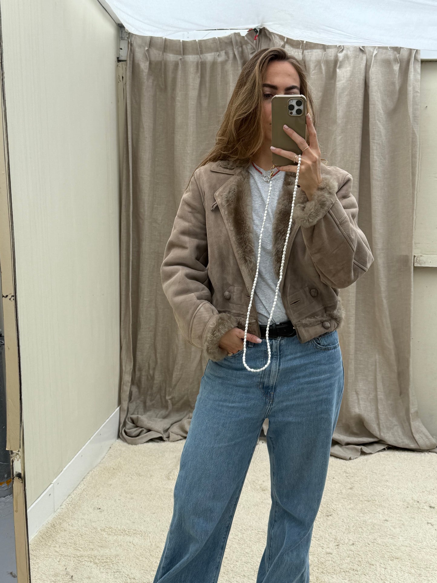 Vintage remade lammy coat reversible cropped model Olive Collectables taupe/grijs